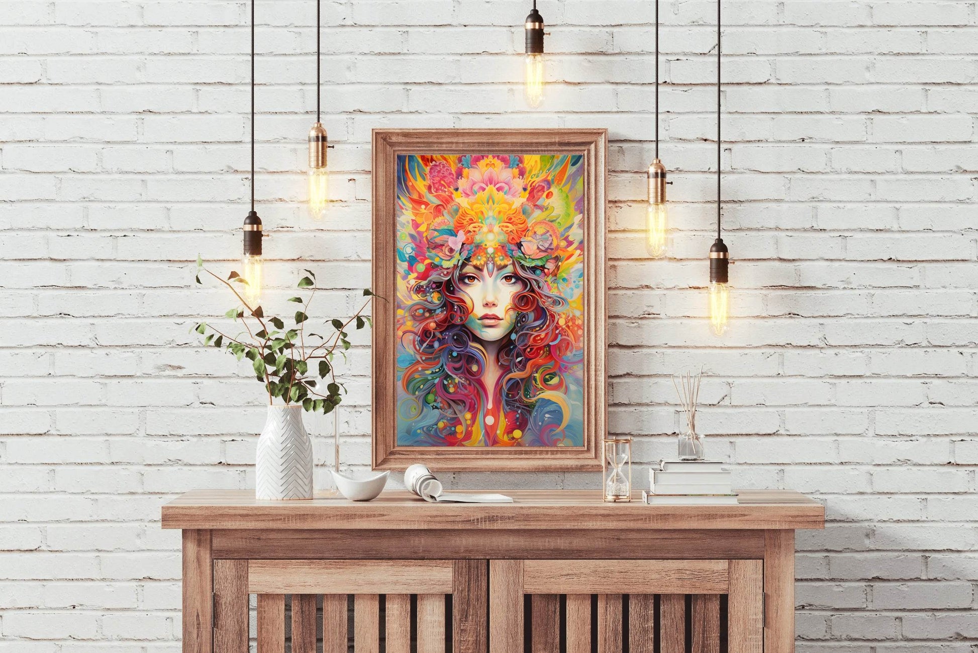 Painting of a Woman with a Colorful Headpiece and Flowers in Her Hair - beink online art store