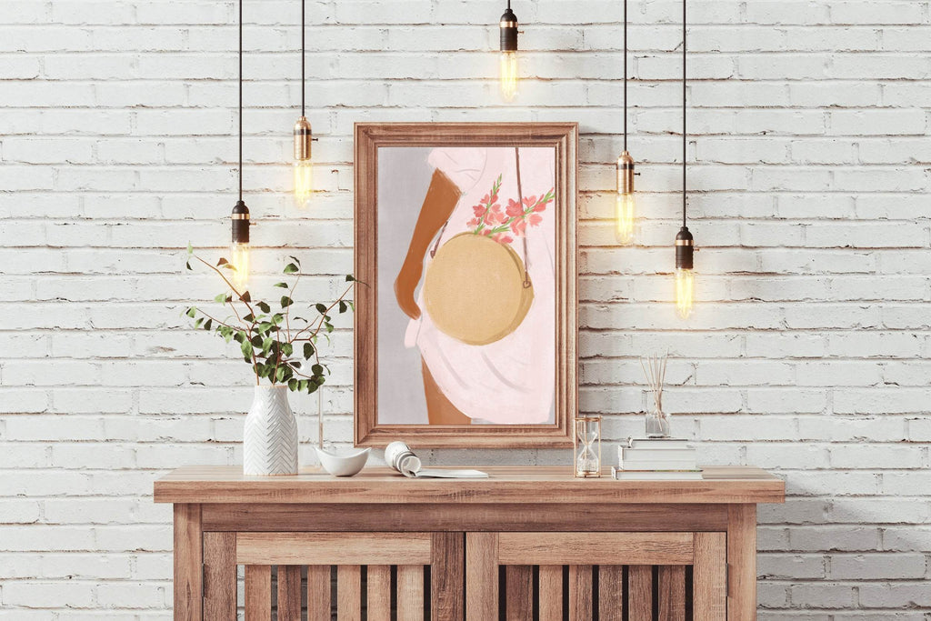 Woman in A White Shirt With A Bag Decorated With Flowers Wall Art - beink online art store