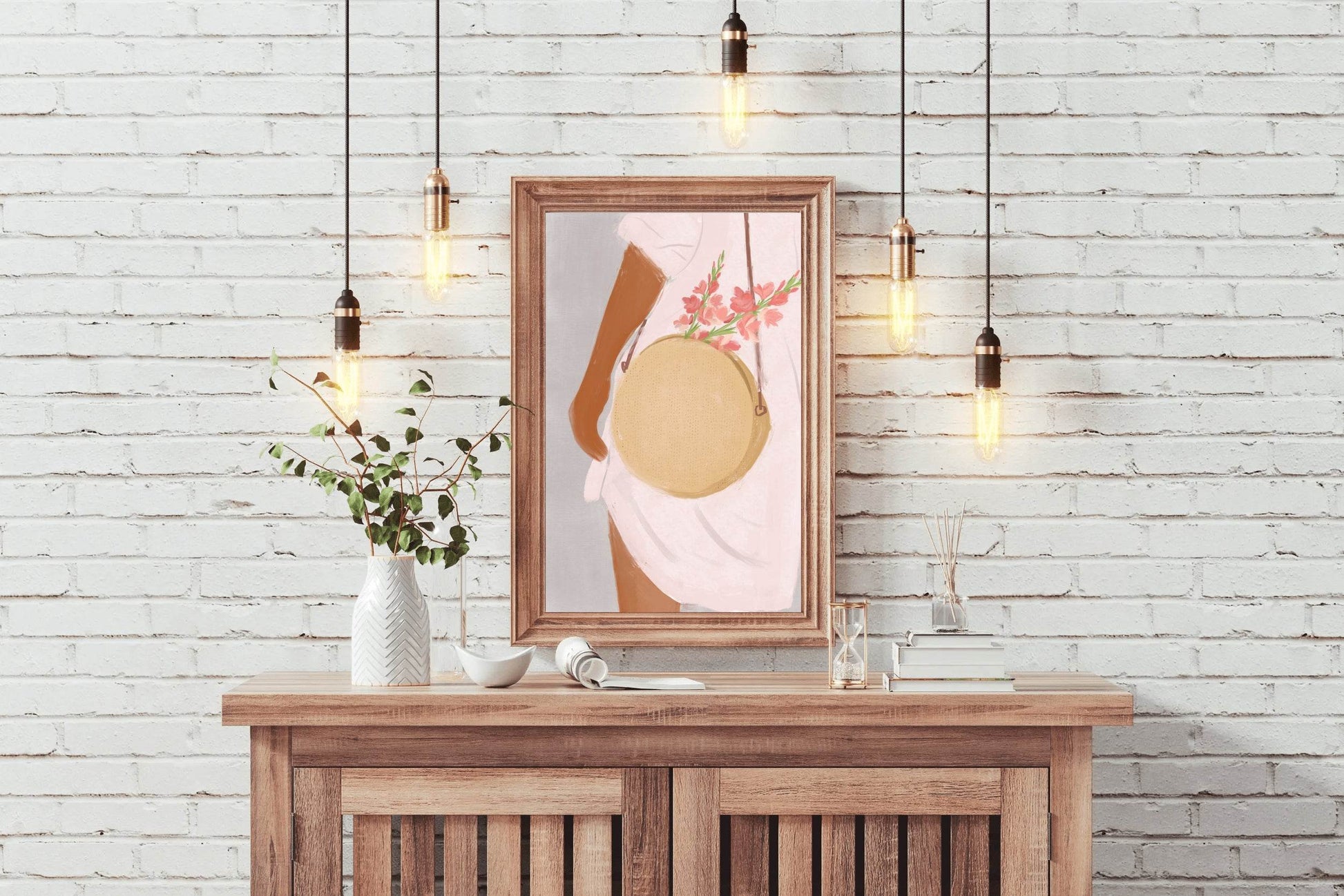 Woman in A White Shirt With A Bag Decorated With Flowers Wall Art - beink online art store