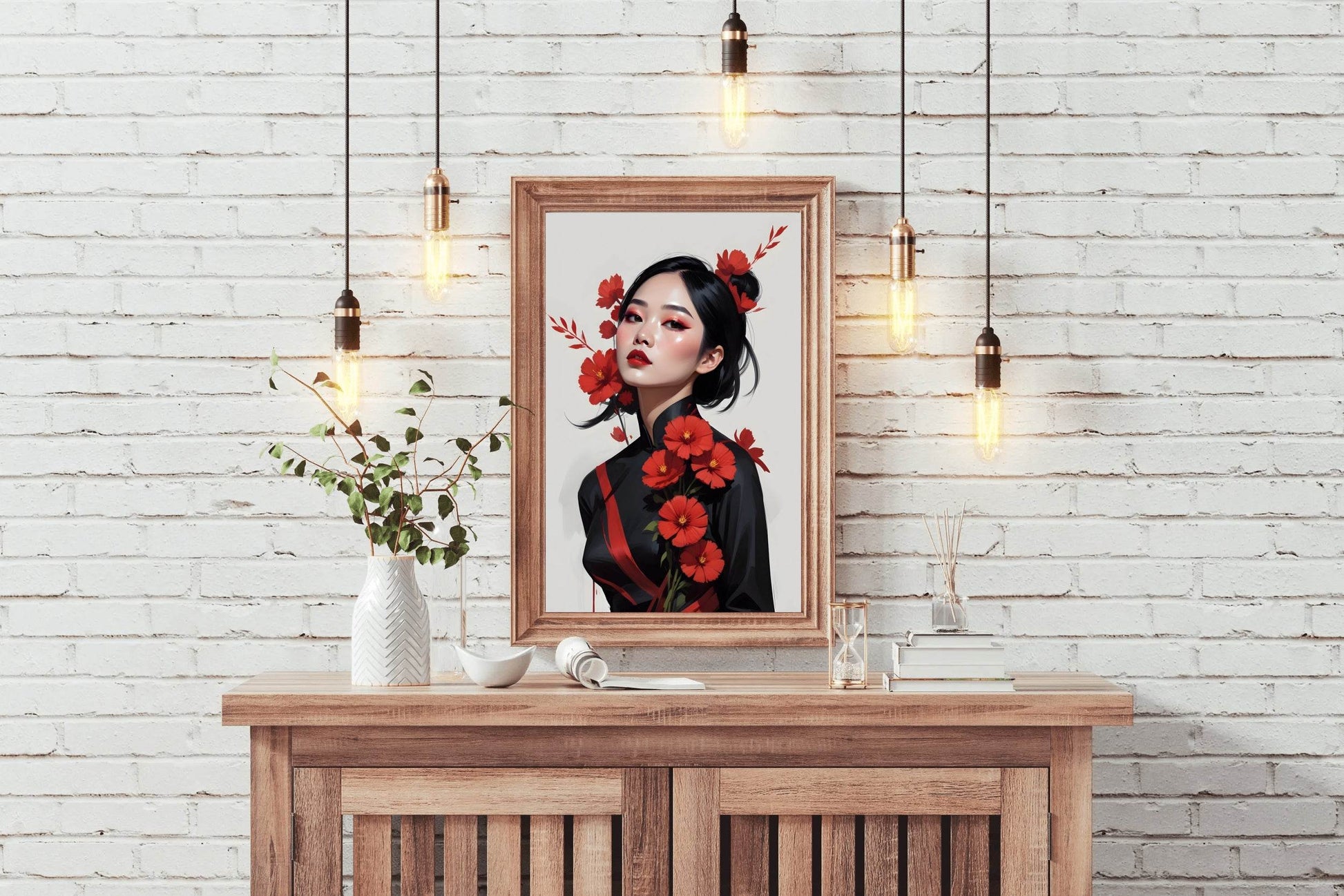 Asian Lady with Traditional Dress with Red flower Wall Art - beink online art store