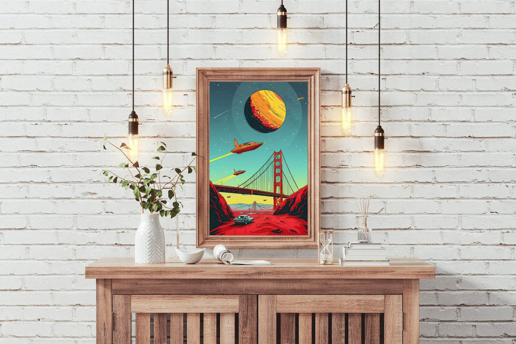 Imaginary Drawing of A Spaceship Crossing The Bridge Wall Art - beink online art store