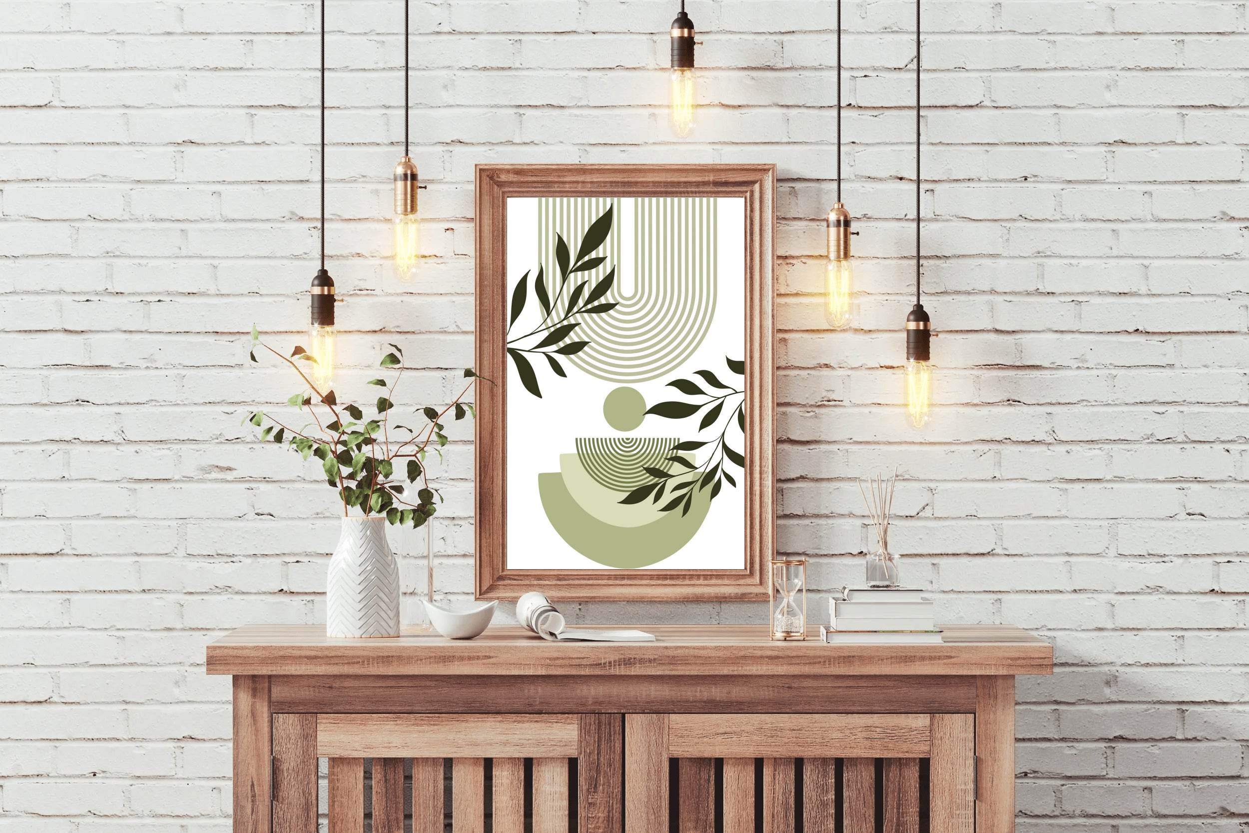 Geometric Shapes with Green leaves ArtWork - beink online art store