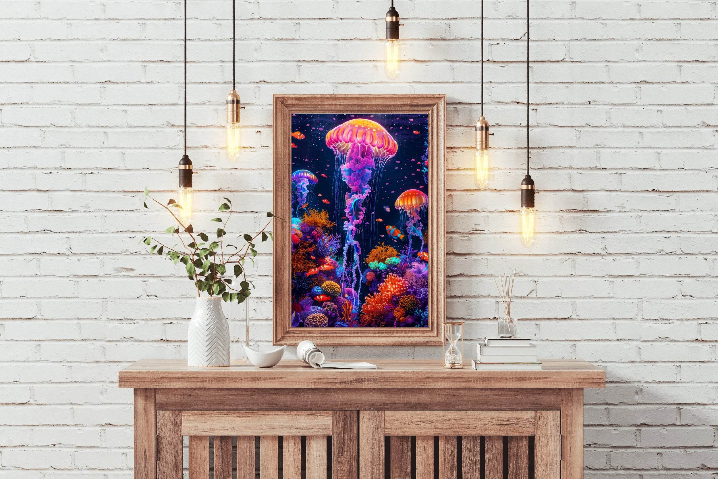 Neon Jellyfish Fantasy Underwater Wall Art - beink online art store
