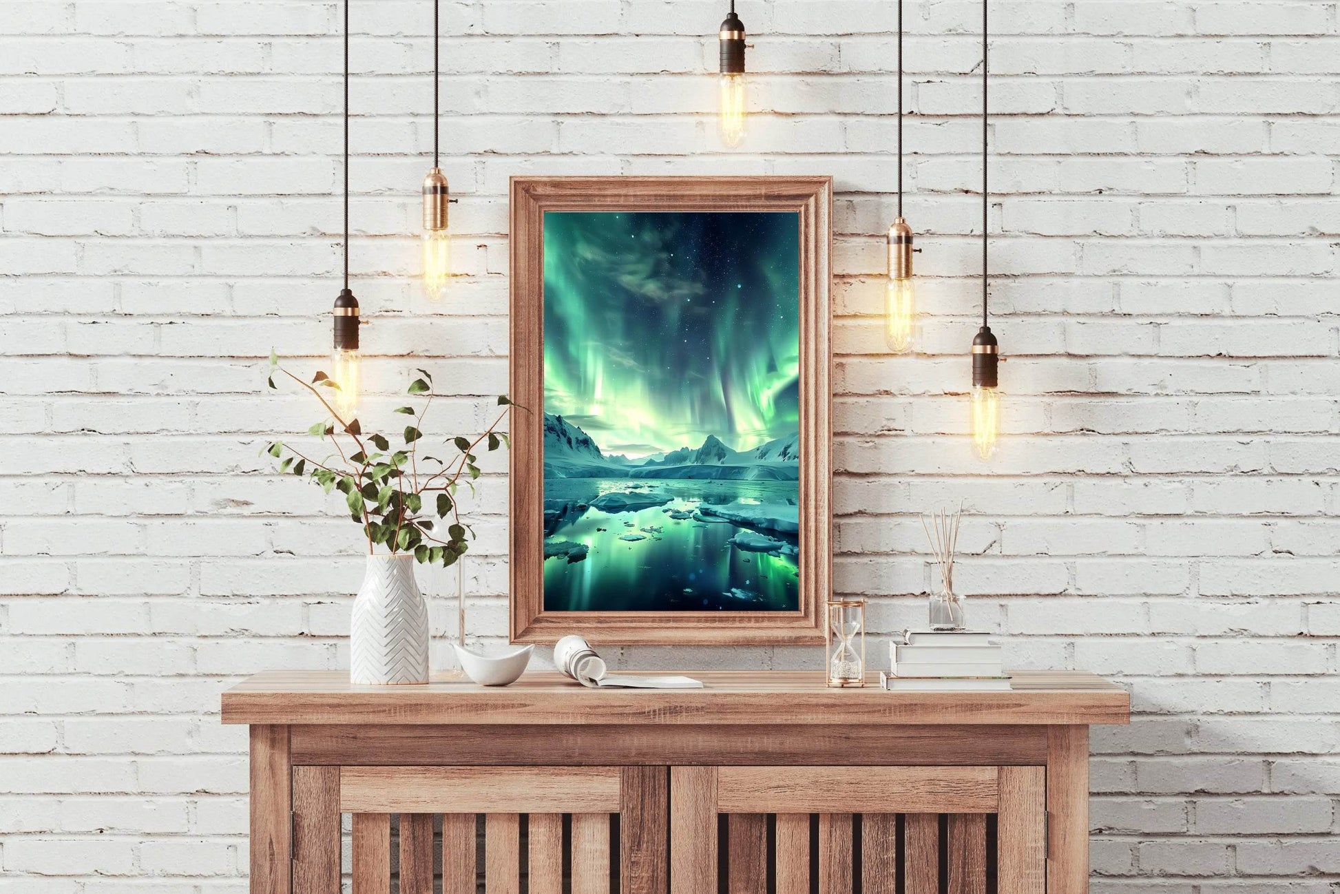 Green Northern Lights in the Sky Over Ice and Snow From lake Wall Art - beink online art store