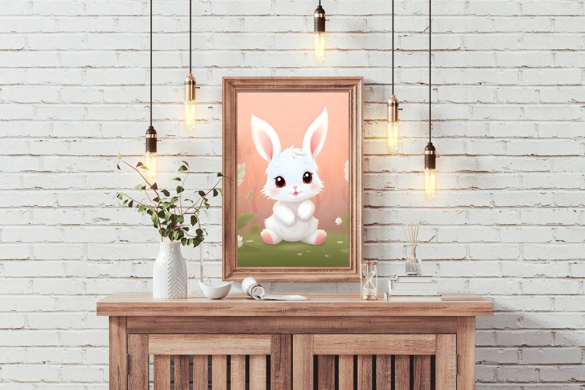 Cute Little White Cartoon Bunny Sitting on the Grass - beink online art store