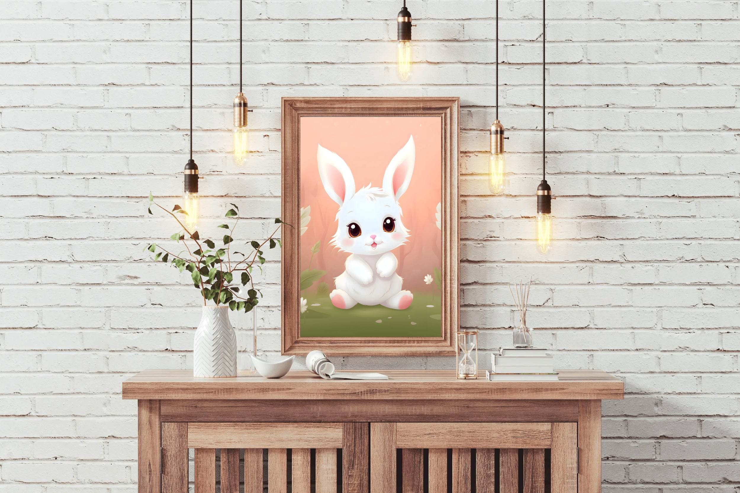 Cute Little White Cartoon Bunny Sitting on the Grass - beink online art store