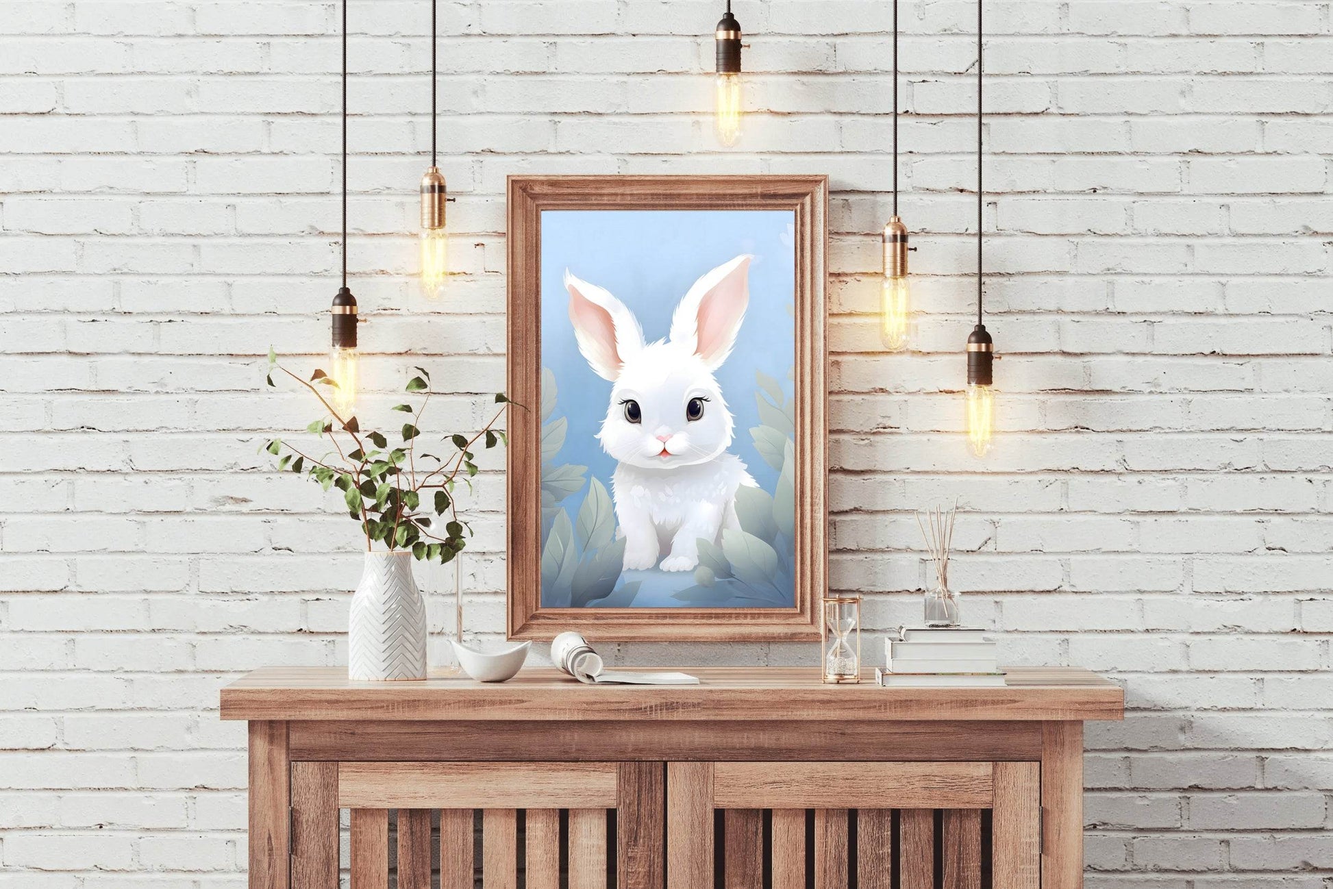 Cute Whit Little Cartoon Bunny Watercolor Painting - beink online art store