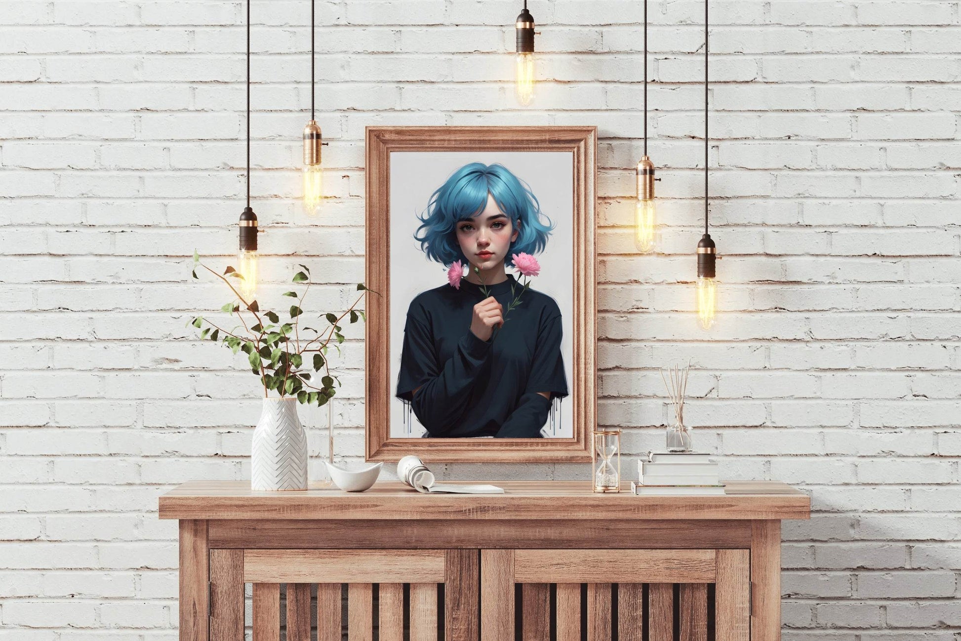 Anime Girl with Blue Hair and Pink flower Wall Art - beink online art store
