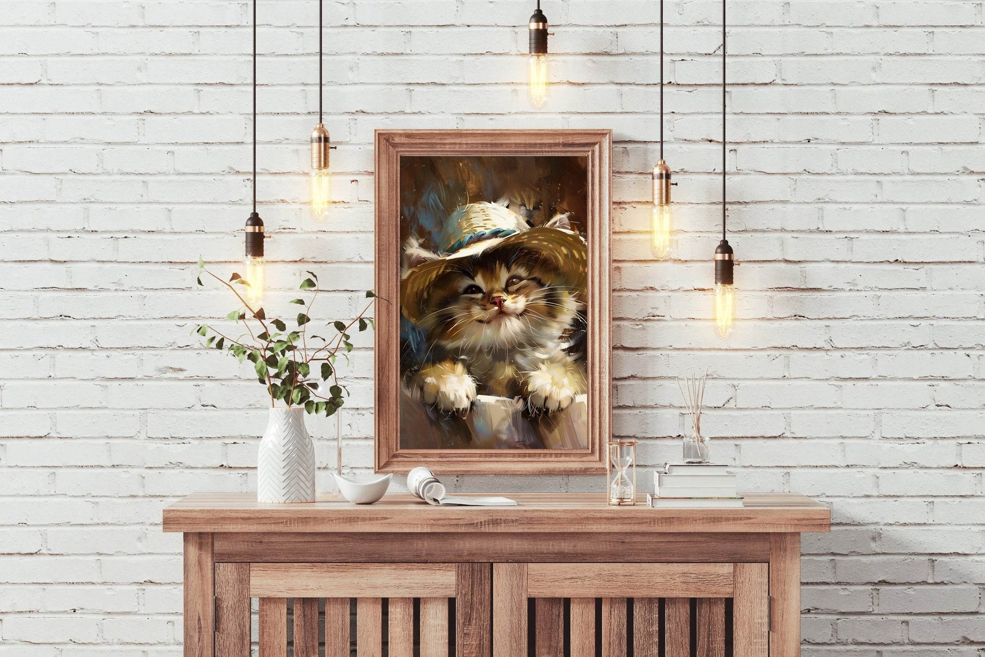 Hand Painted Painting of Smiling Cat Wearing Hat - beink online art store