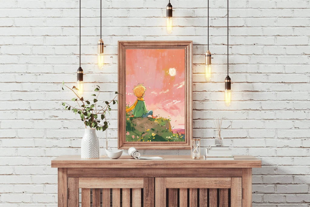 Cartoonish Painting of Little Boy Watching Sun - beink online art store