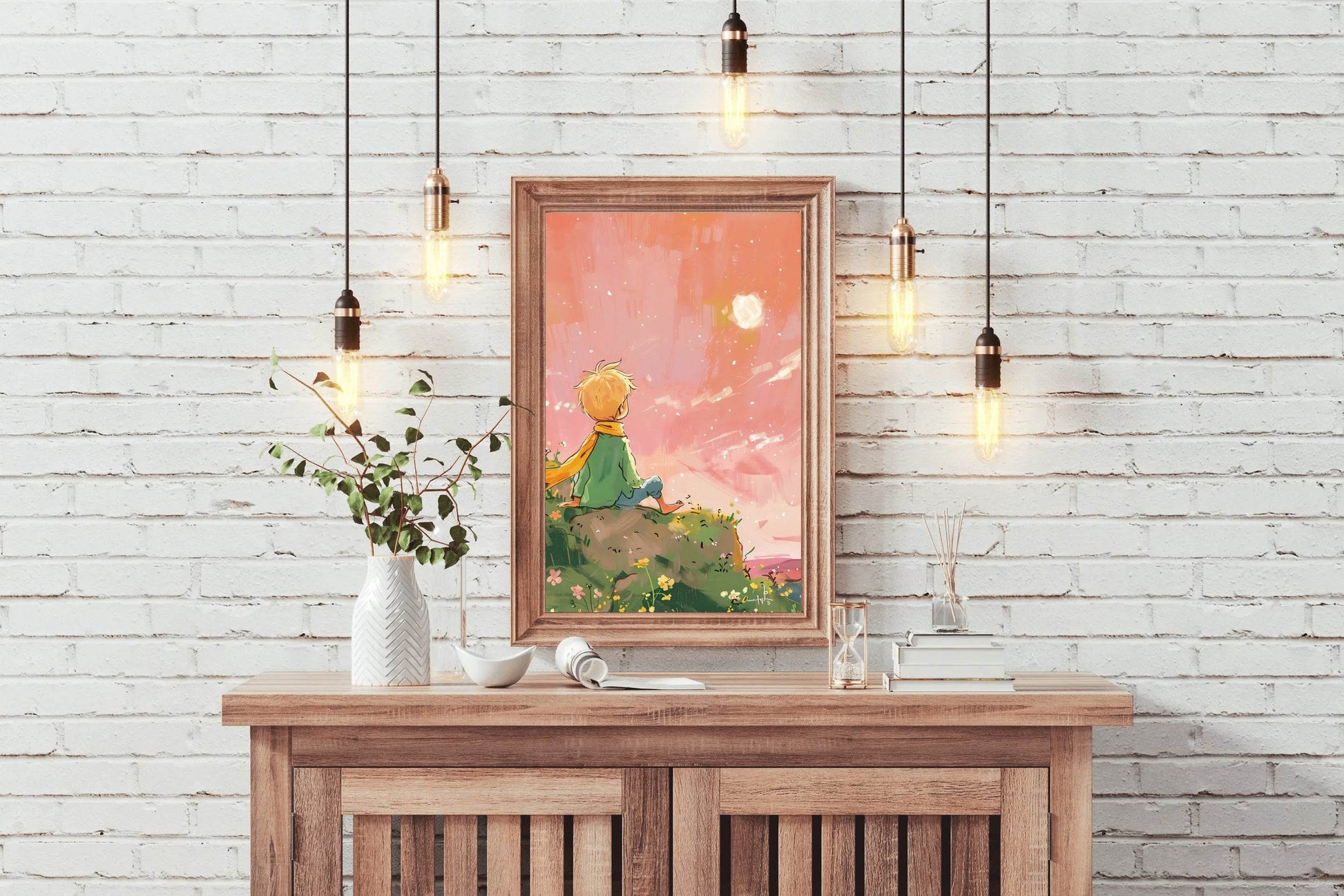 Cartoonish Painting of Little Boy Watching Sun - beink online art store