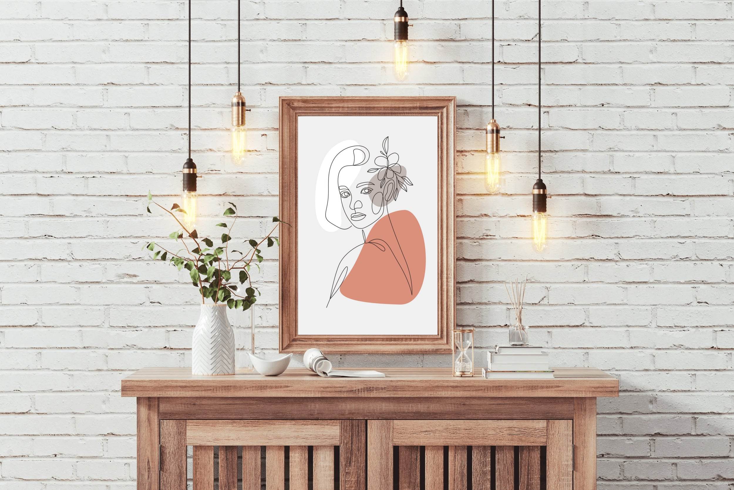 Beautiful Woman and Minimally Drawn Flowers Wall Art - beink online art store