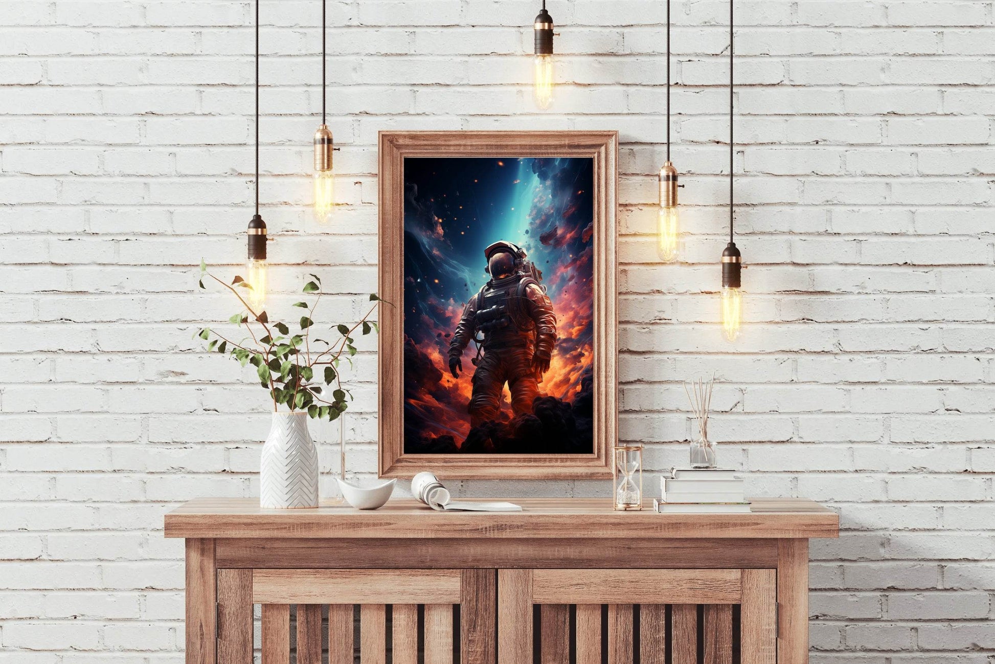 Astronaut in space background of burning planet - beink online art store
