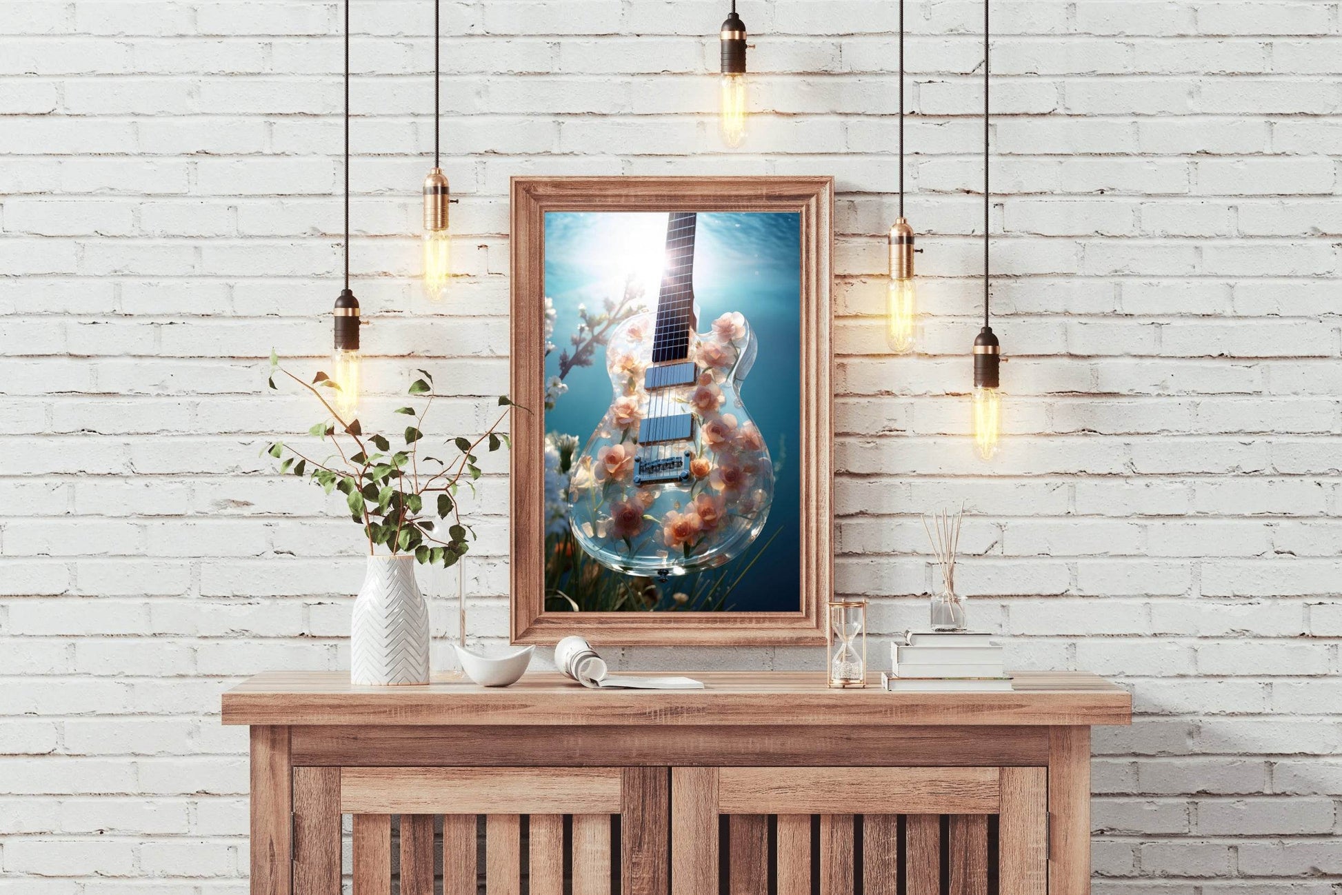 Glass Guitar With Flower Design Wall Art - beink online art store