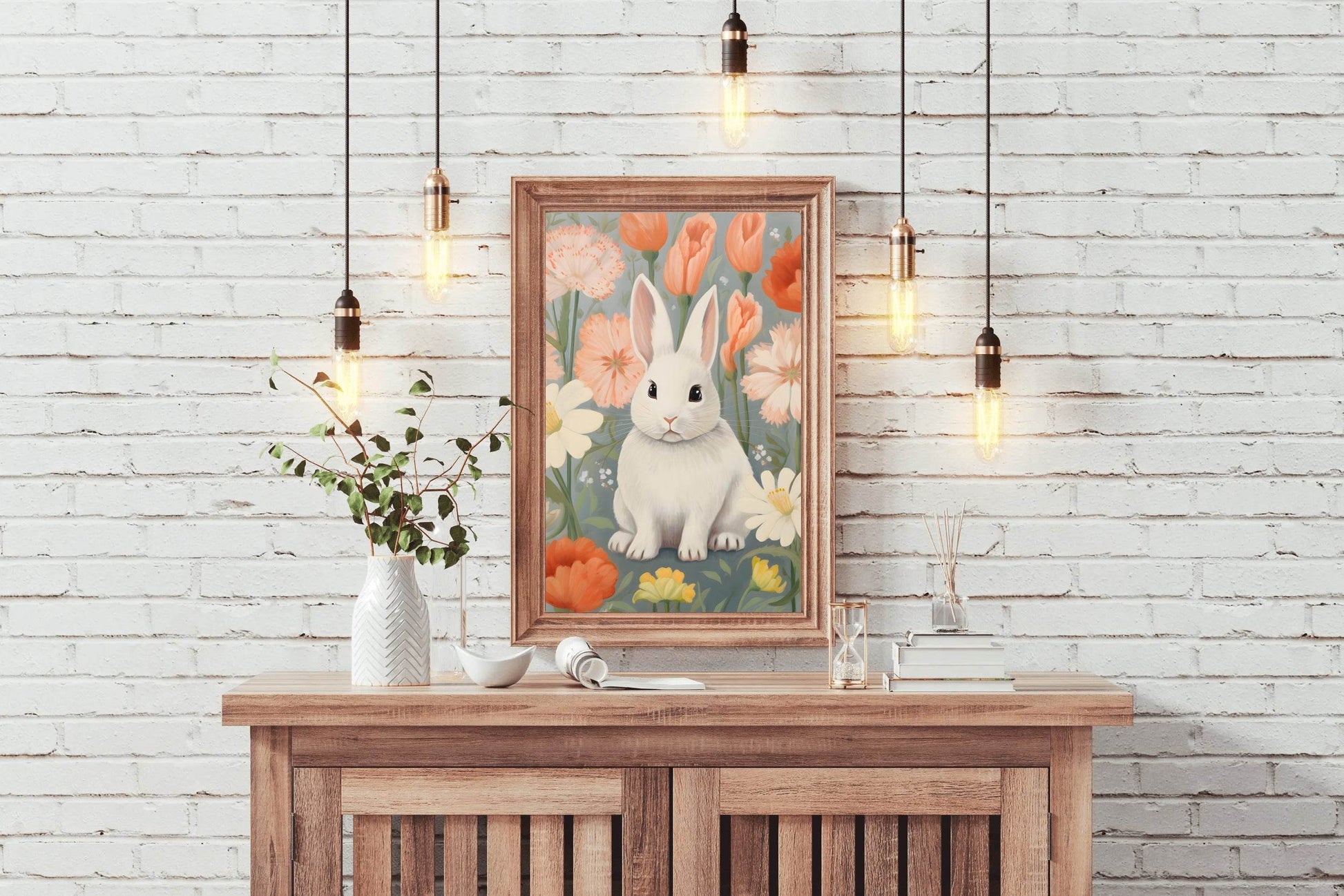 Drawing of Bunny Sitting in Flowers - beink online art store