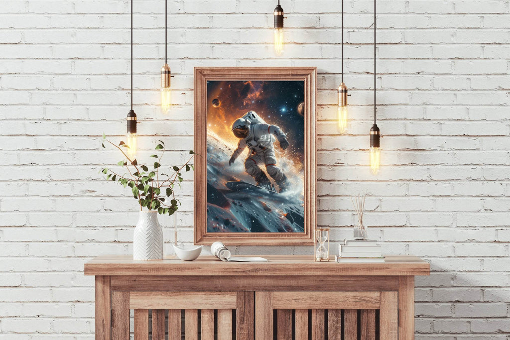astronauts surfing on a surfboard in space with stars on planet Wall Art - beink online art store