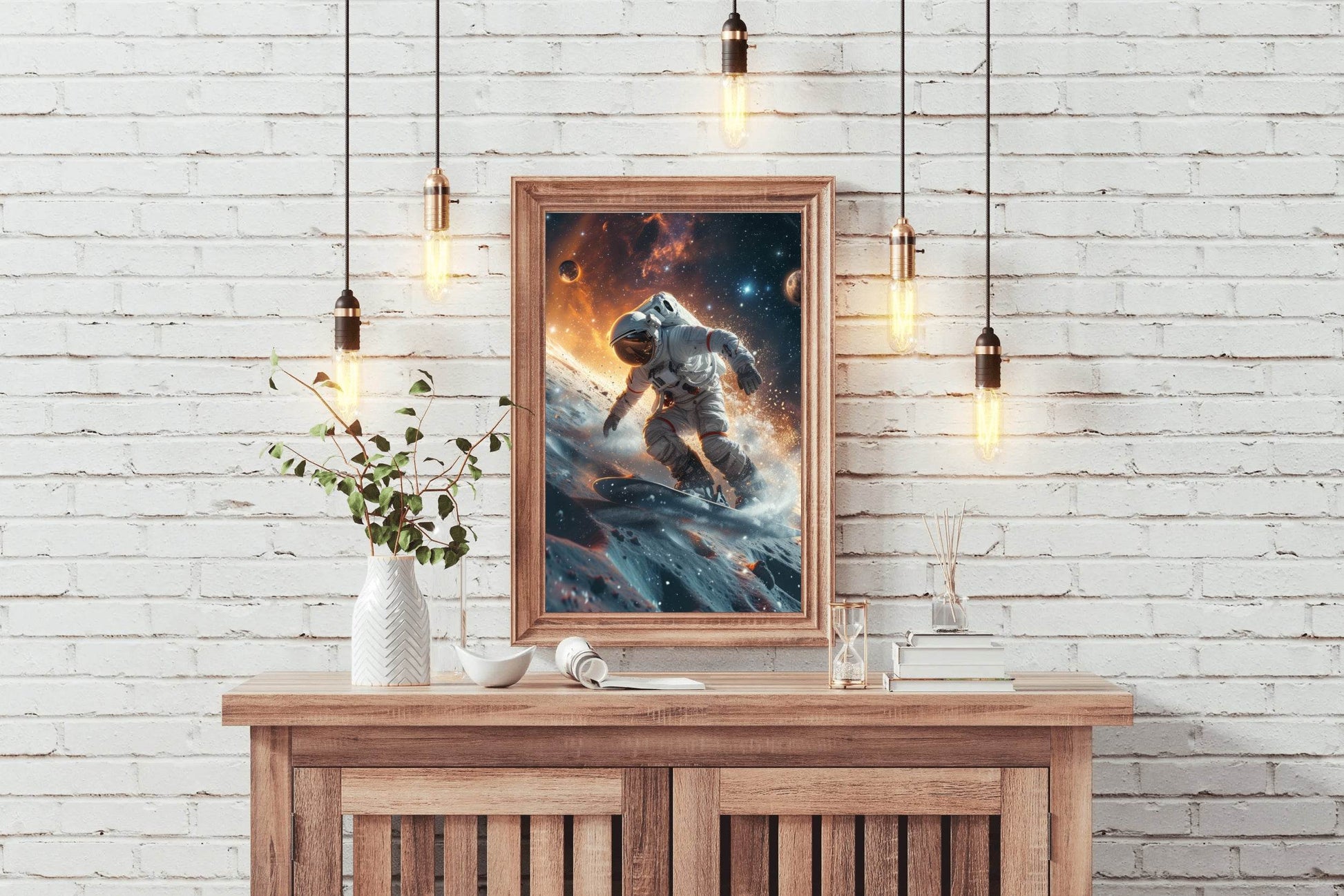 astronauts surfing on a surfboard in space with stars on planet Wall Art - beink online art store