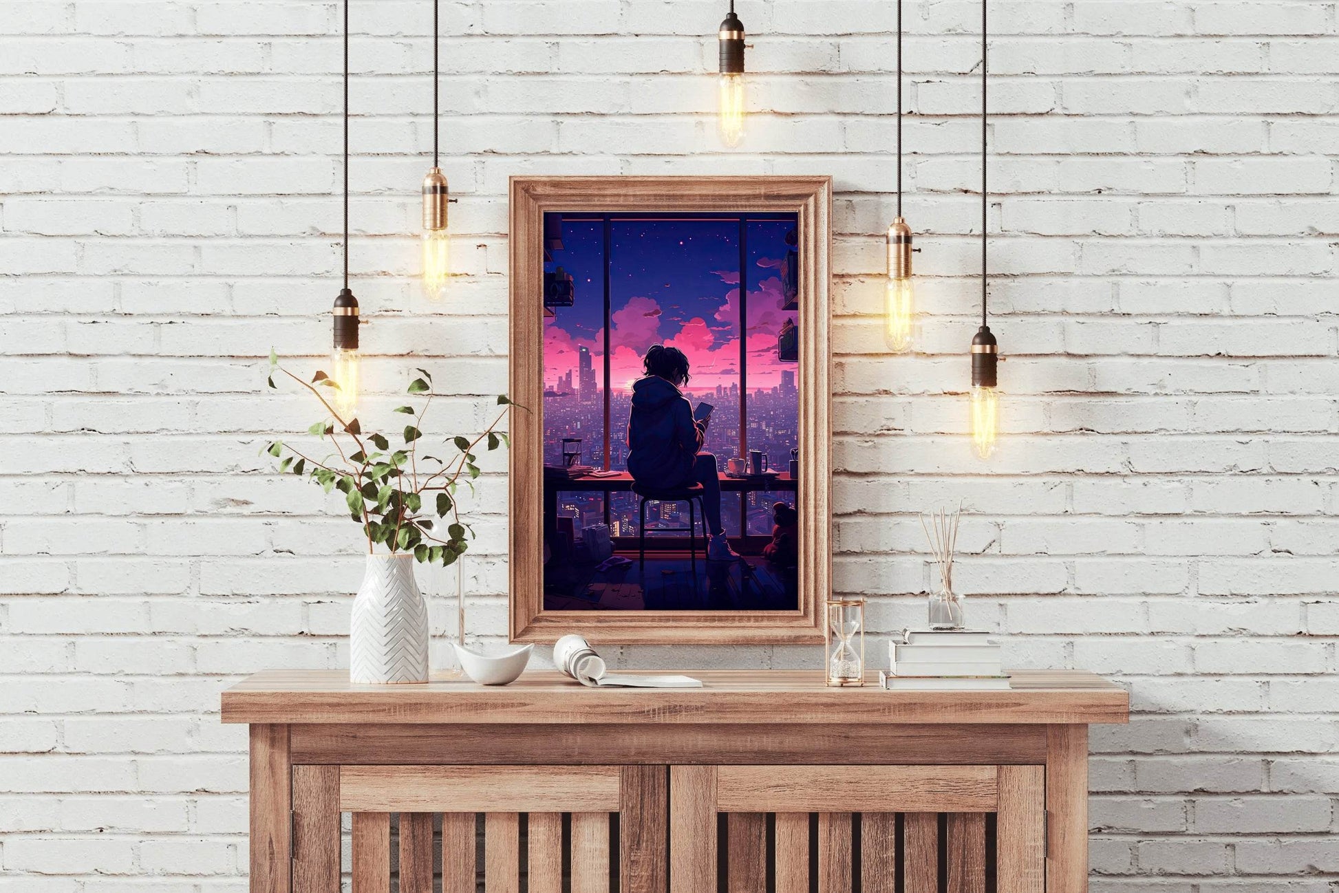Evening Cityscape Neon Lights Lofi Style and Moody Anime Wall Art - beink online art store
