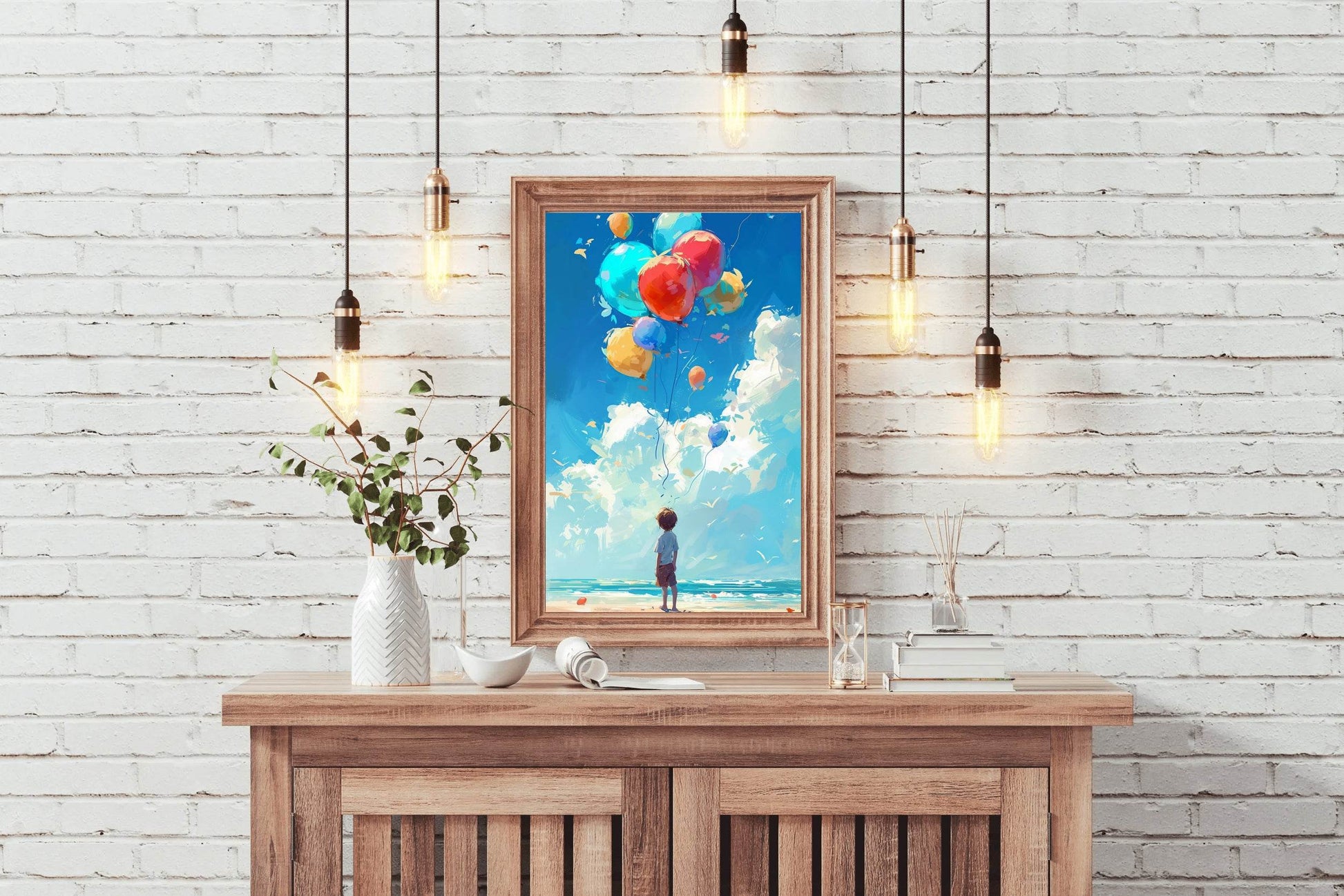 Painting of a Boy Standing Near Sea With Balloons - beink online art store