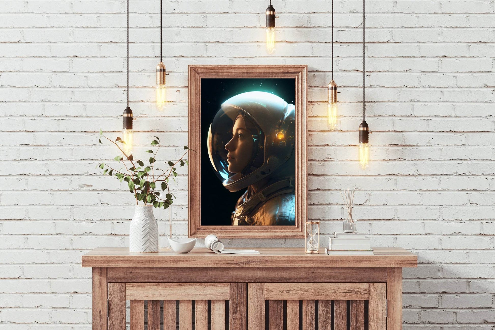 Side view female astronaut wearing spacesuit in space - beink online art store
