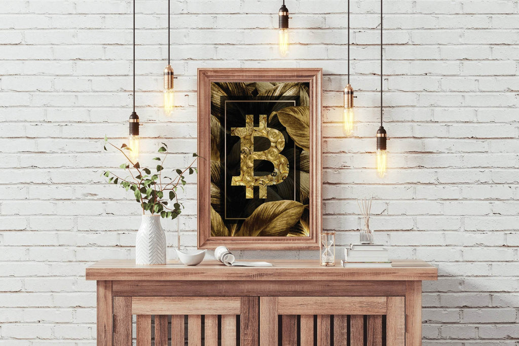 Bitcoin Logo with Gold Leaves Background Wall Art - beink online art store