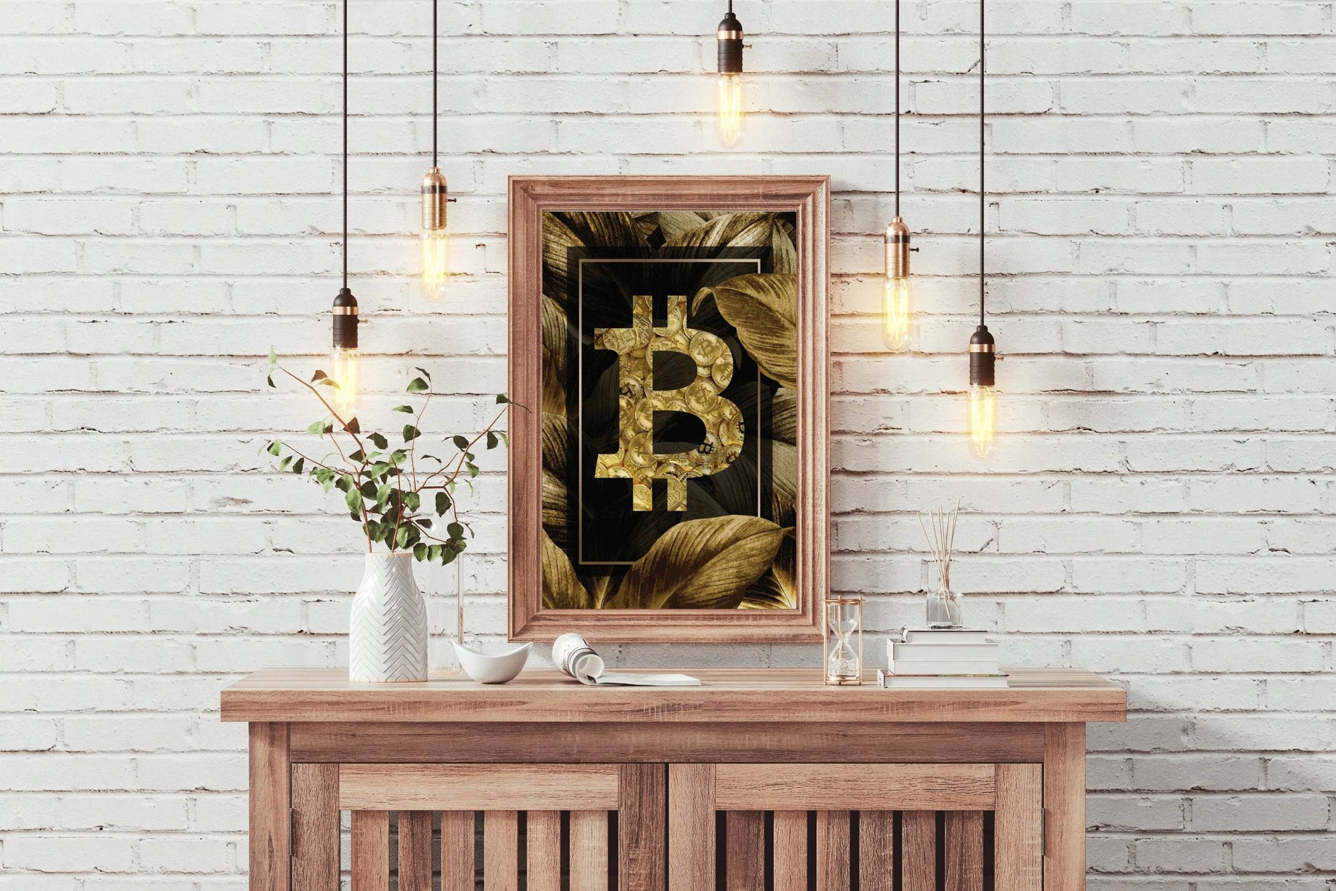 Bitcoin Logo with Gold Leaves Background Wall Art - beink online art store