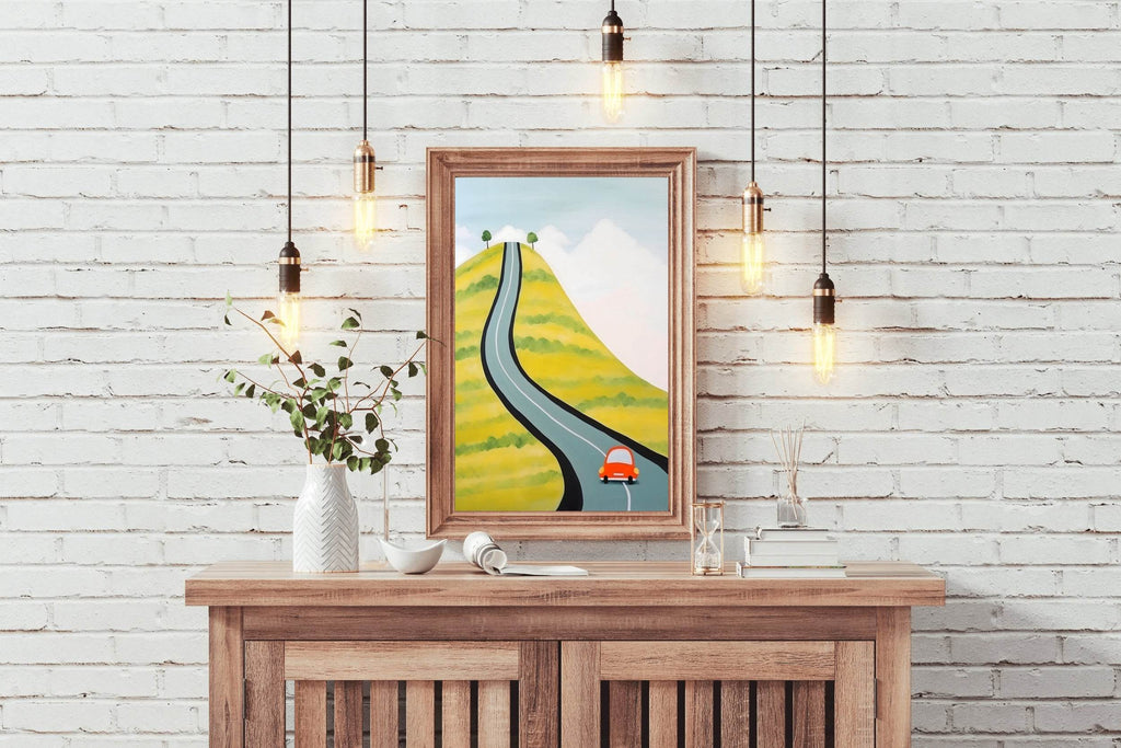 Drawing of a Car Driving Through the Village - beink online art store