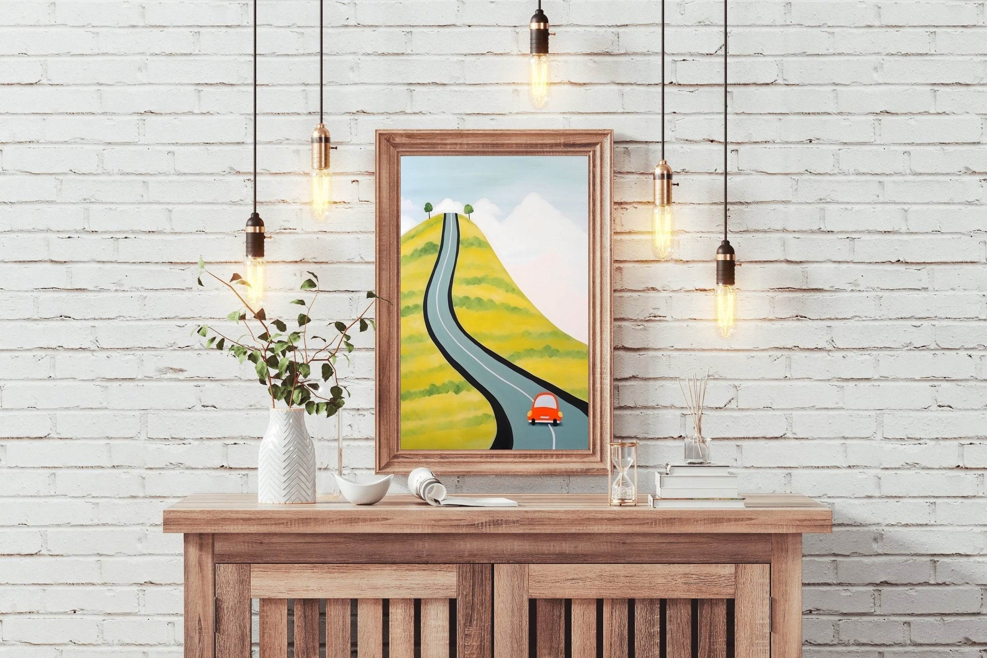 Drawing of a Car Driving Through the Village - beink online art store