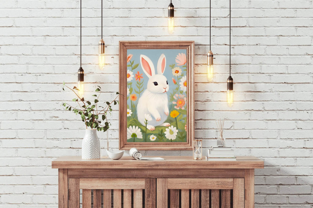 White Bunny Sitting Among Flowers - beink online art store