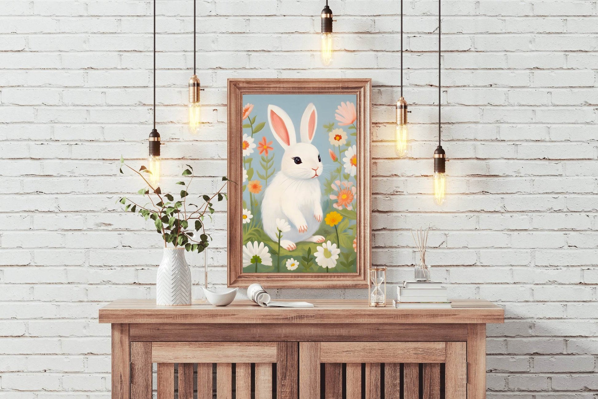 White Bunny Sitting Among Flowers - beink online art store