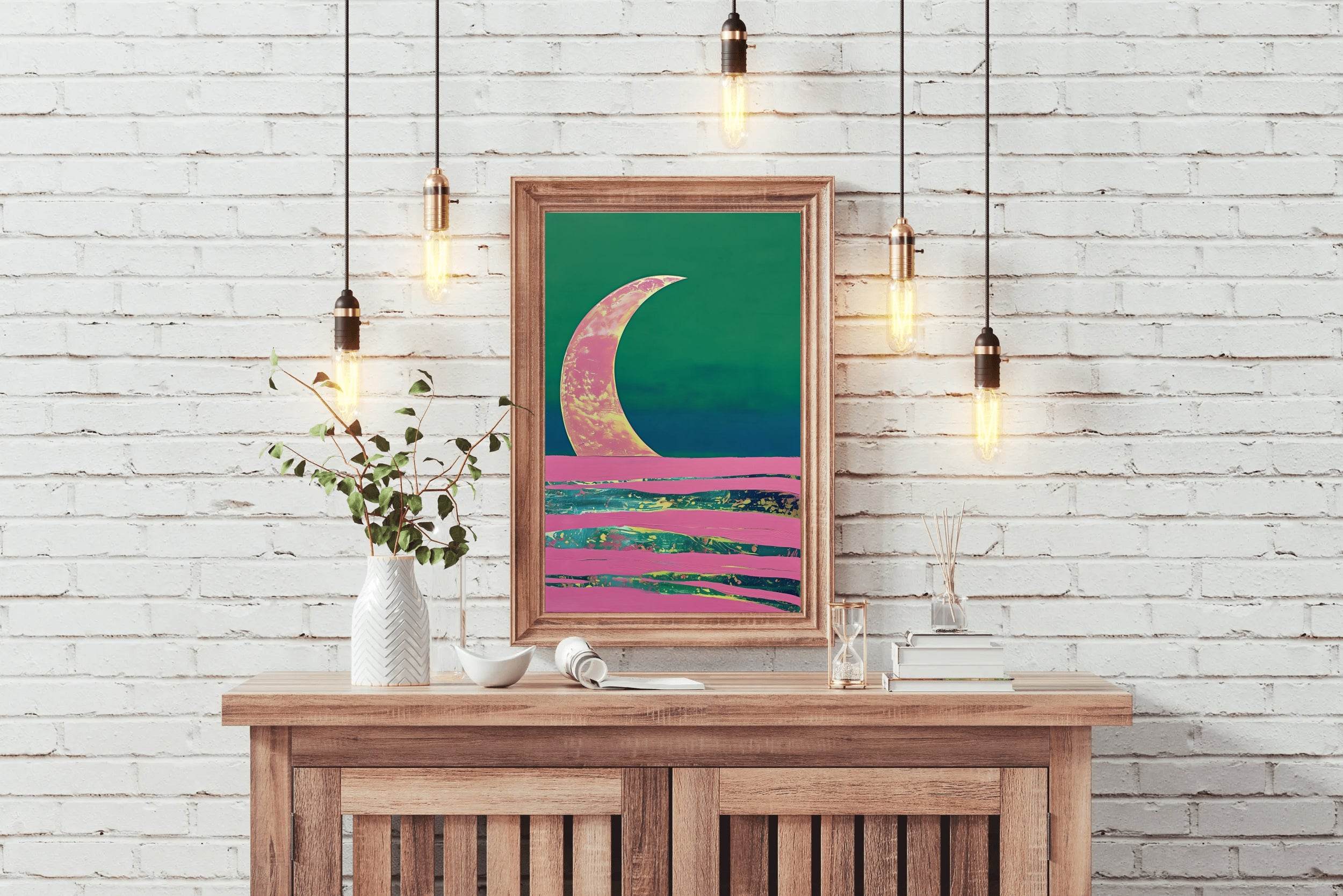 Moon Painting With Green Background Wall Art - beink online art store