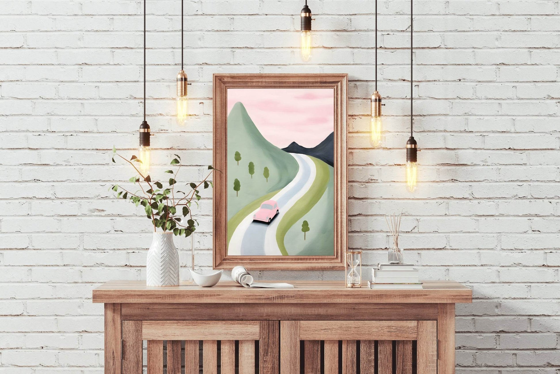 Watercolor Drawing of a Pink Car in the Mountains - beink online art store