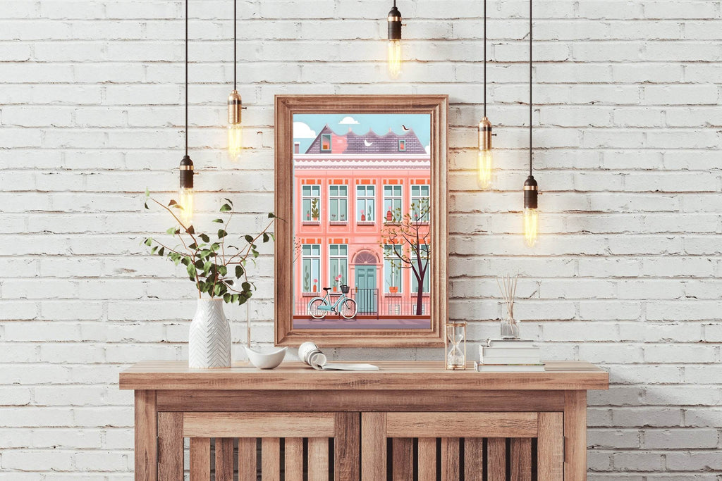 Illustration of Pink House and a Bicycle - beink online art store