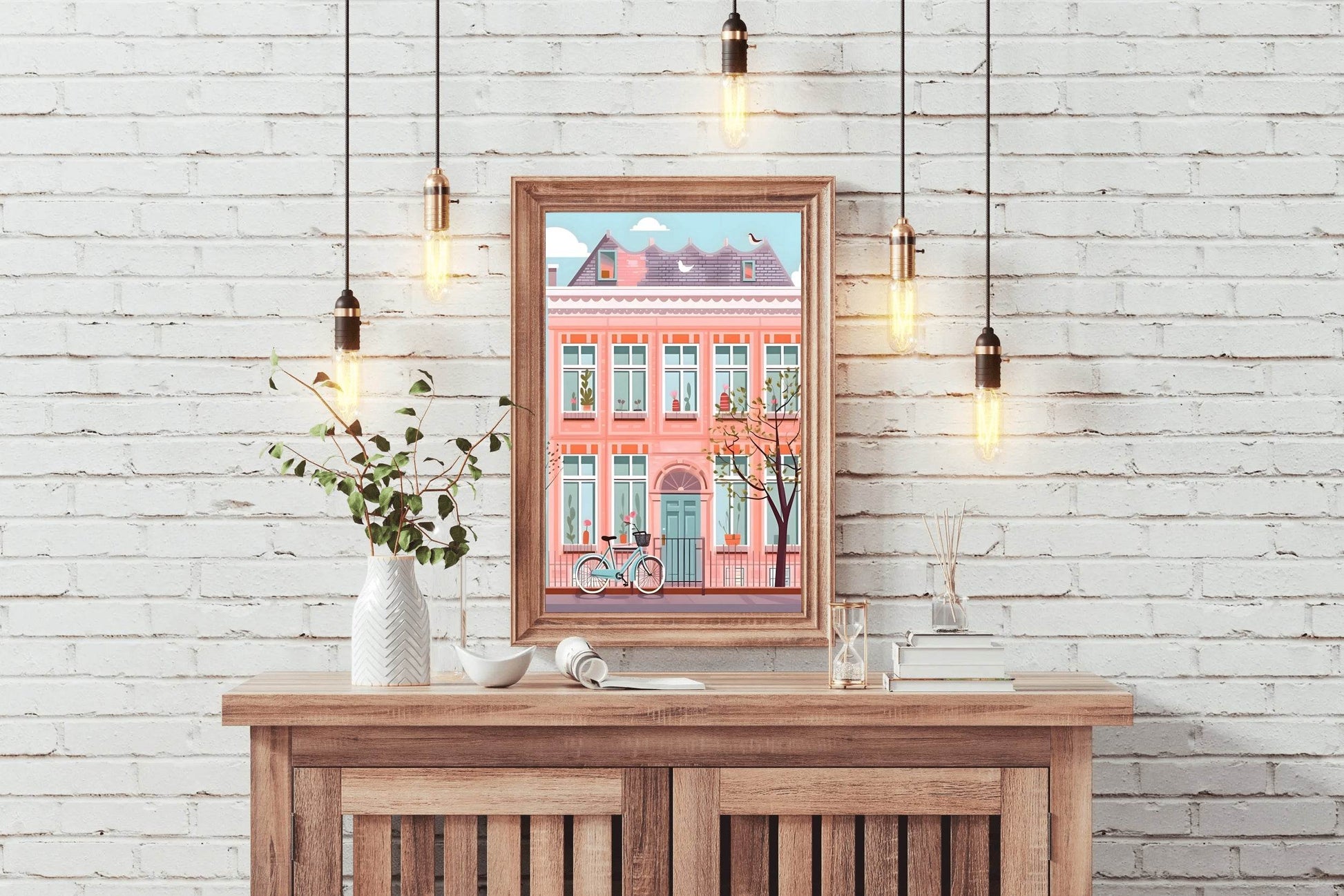 Illustration of Pink House and a Bicycle - beink online art store