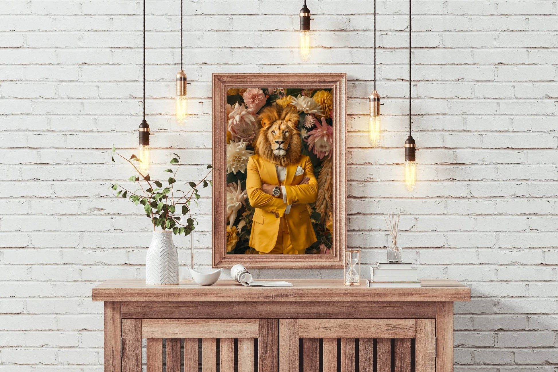Lion in Yellow Coat With Floral Background - beink online art store