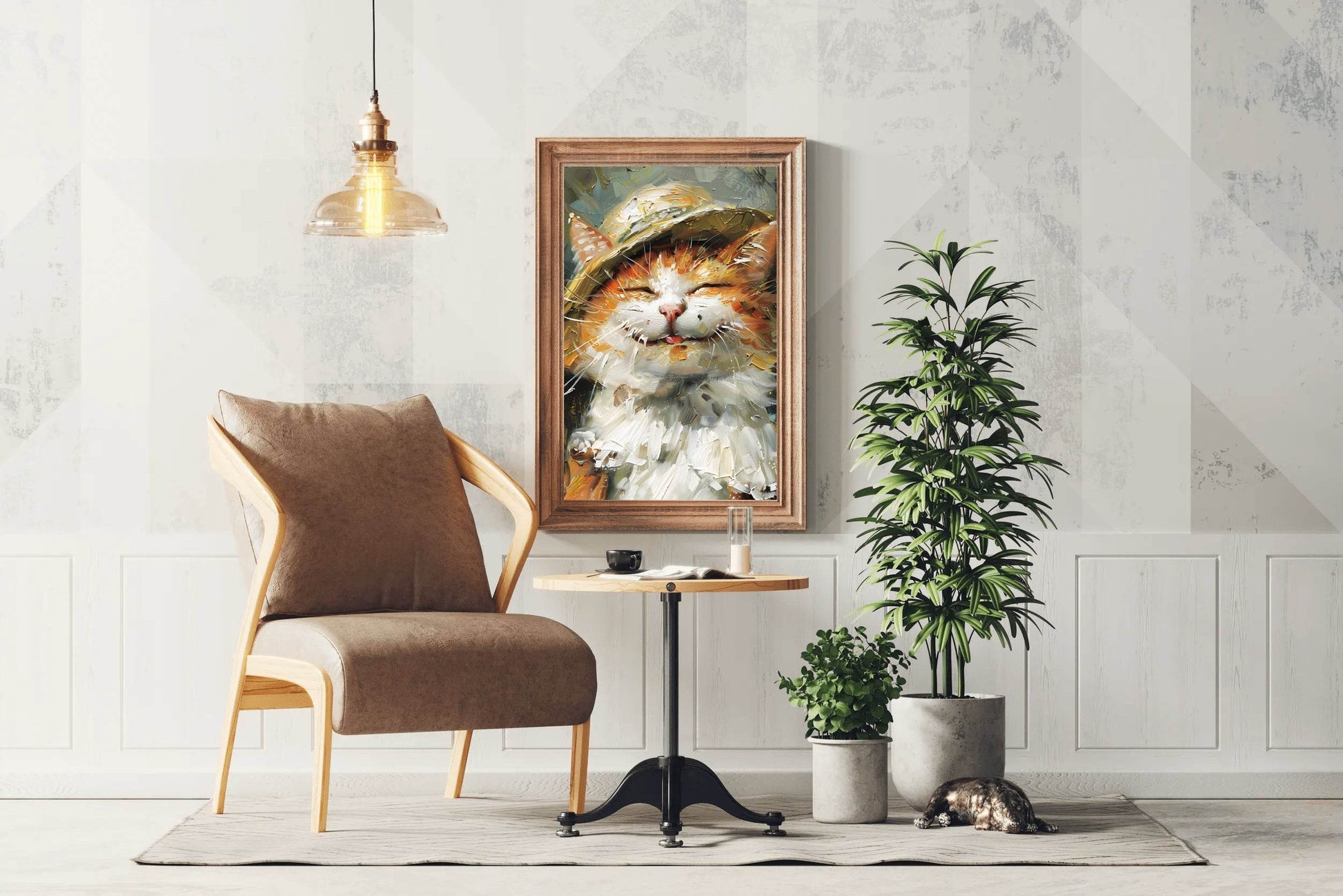 Slashed Oil Painting of Cat Wearing Hat - beink online art store