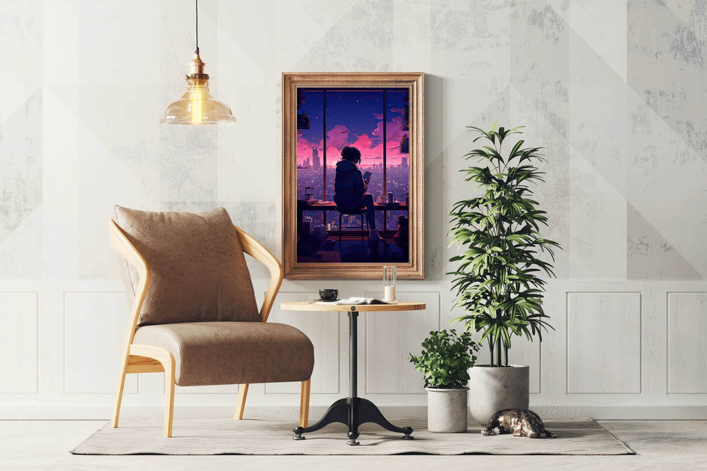 Evening Cityscape Neon Lights Lofi Style and Moody Anime Wall Art - beink online art store
