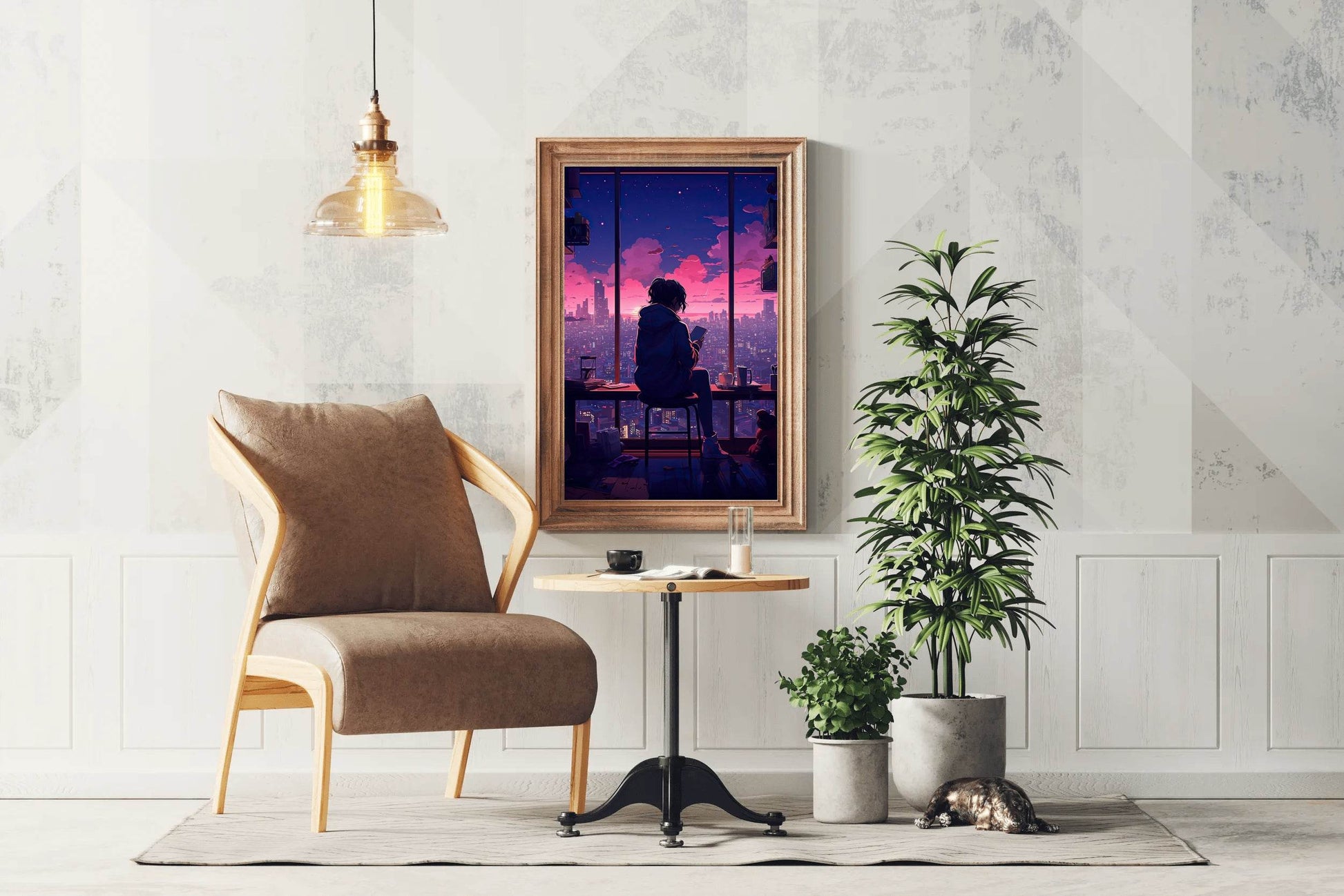 Evening Cityscape Neon Lights Lofi Style and Moody Anime Wall Art - beink online art store