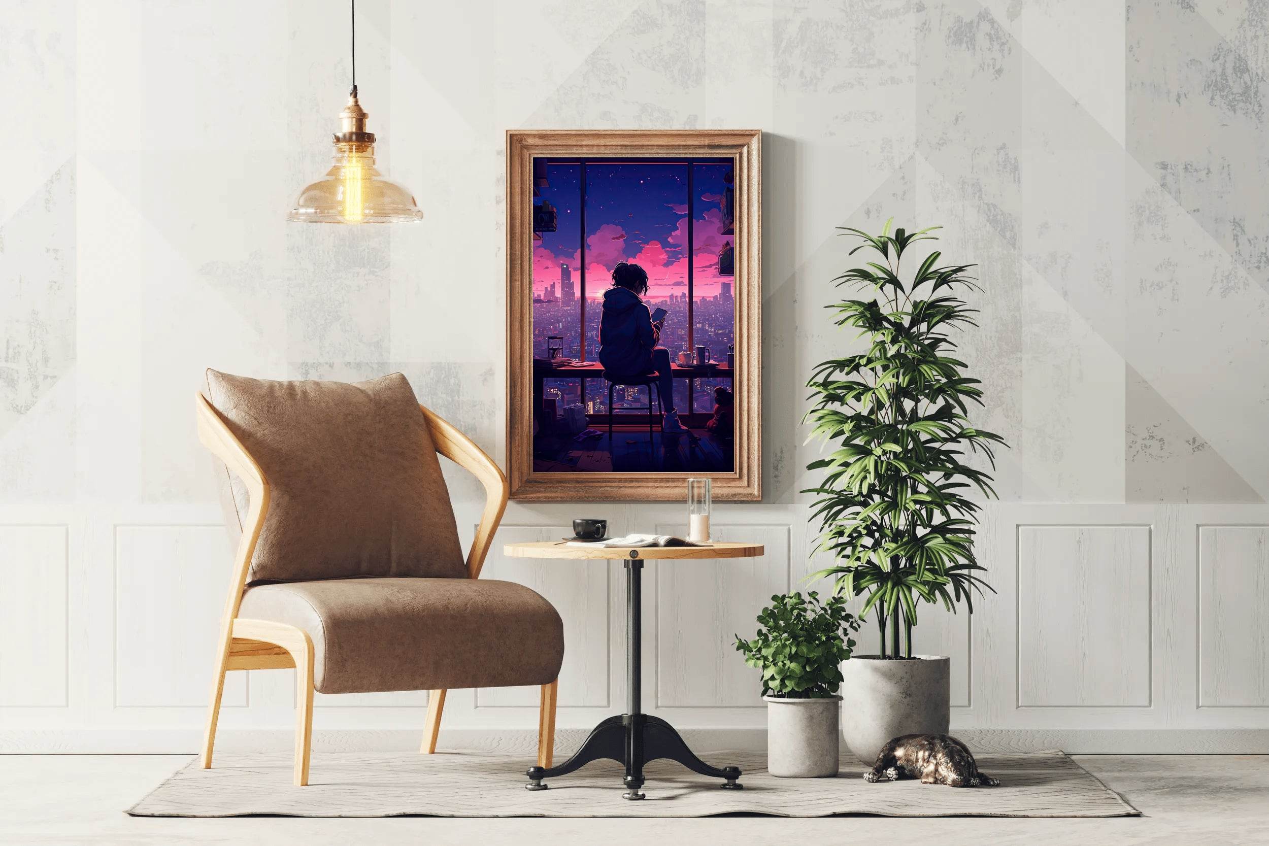 Evening Cityscape Neon Lights Lofi Style and Moody Anime Wall Art - beink online art store