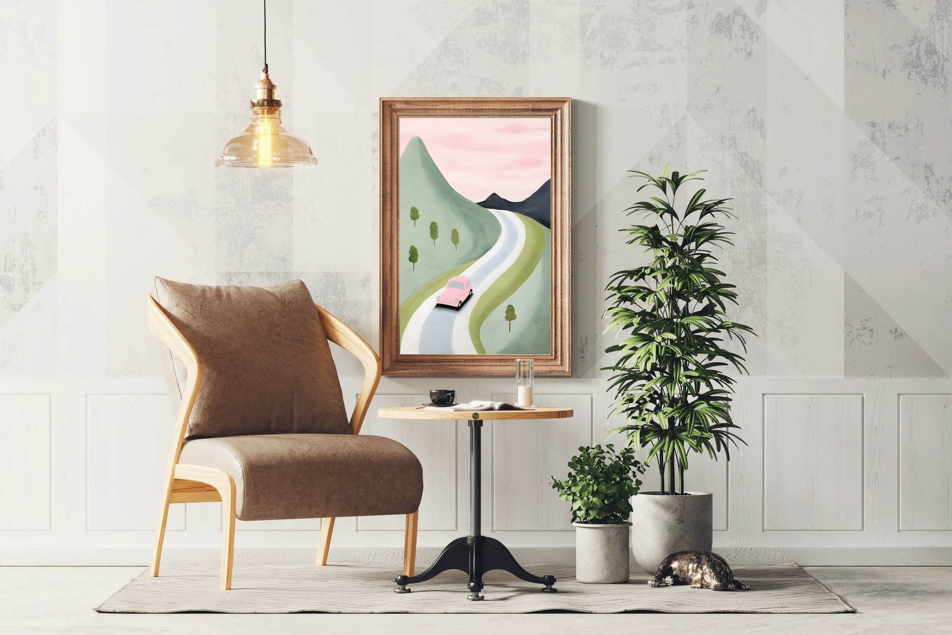 Watercolor Drawing of a Pink Car in the Mountains - beink online art store
