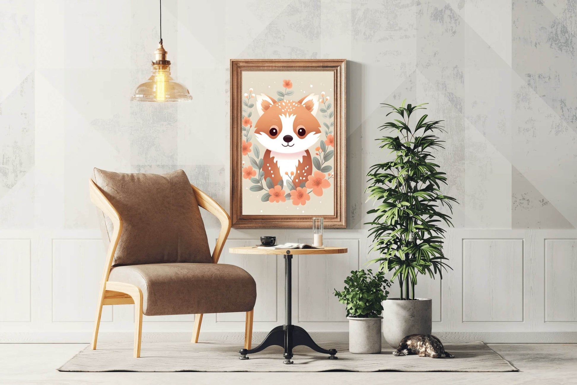 Painting of Cute Little Fox Sitting among Flowers - beink online art store