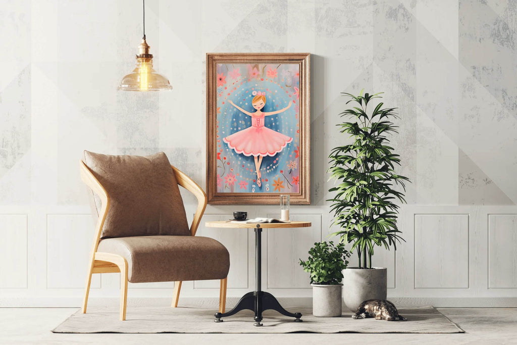 Drawing of Little Girl Dancing in Pink Dress - beink online art store