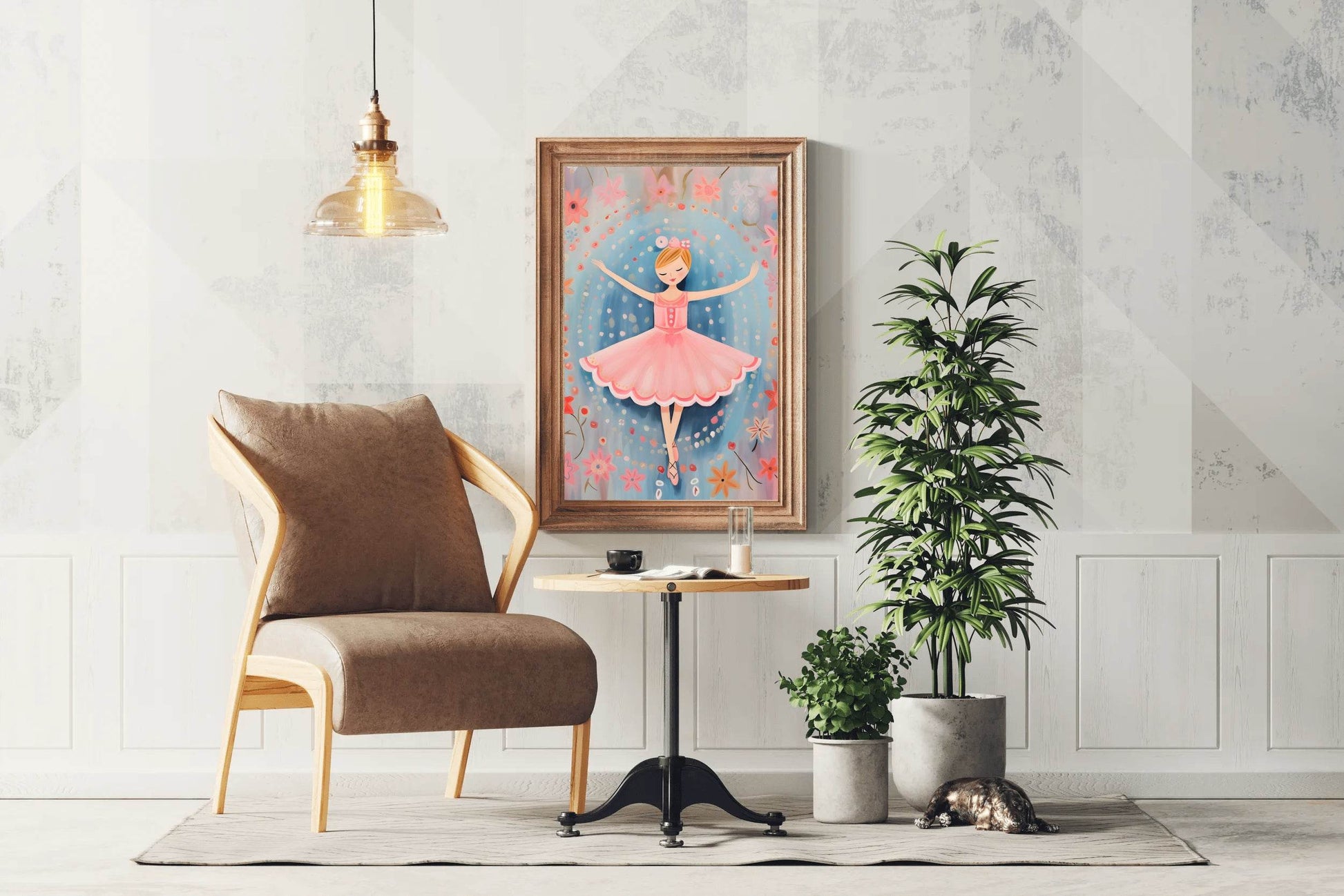 Drawing of Little Girl Dancing in Pink Dress - beink online art store
