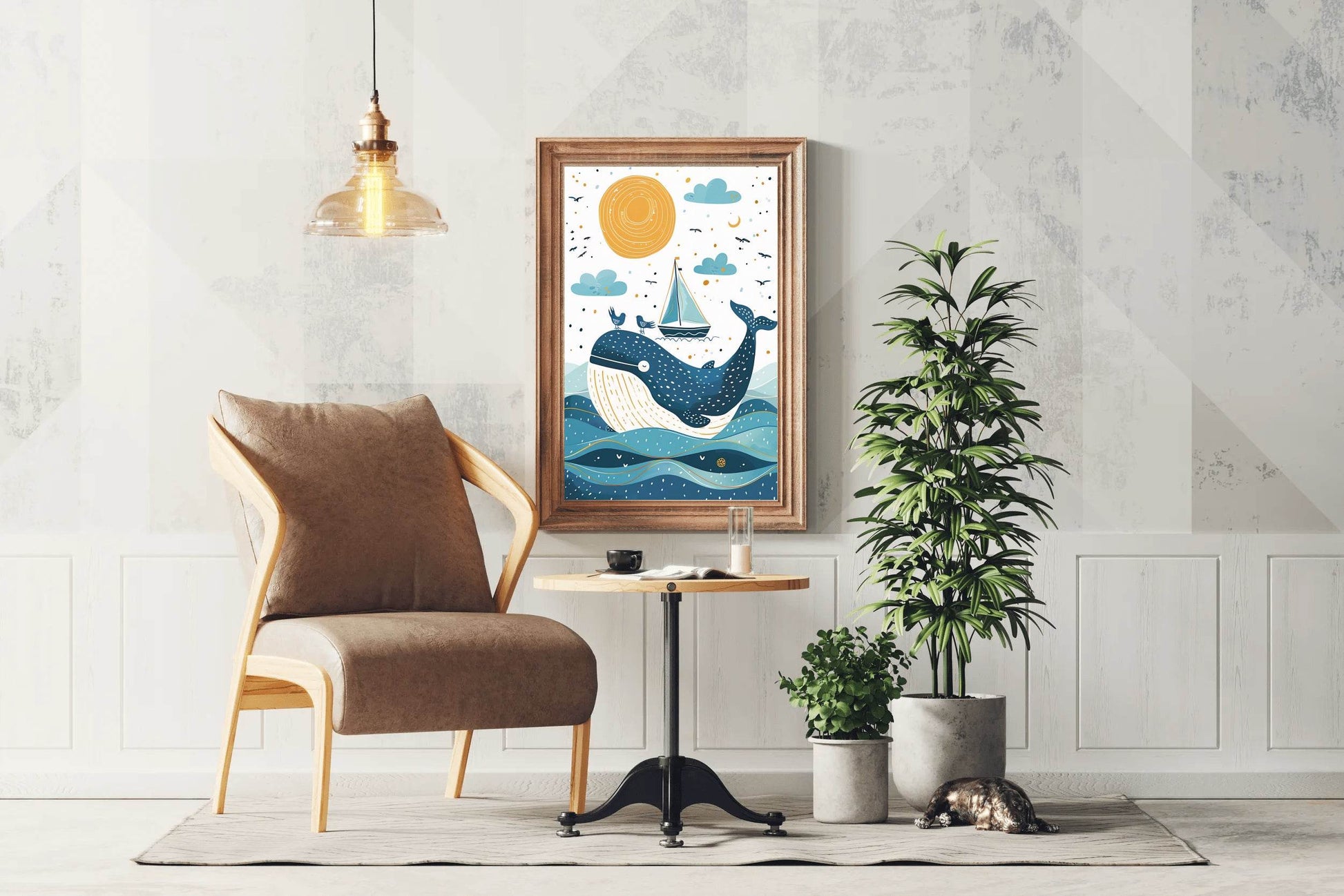 Painting of Blue Whale and a Boat in the Oean - beink online art store