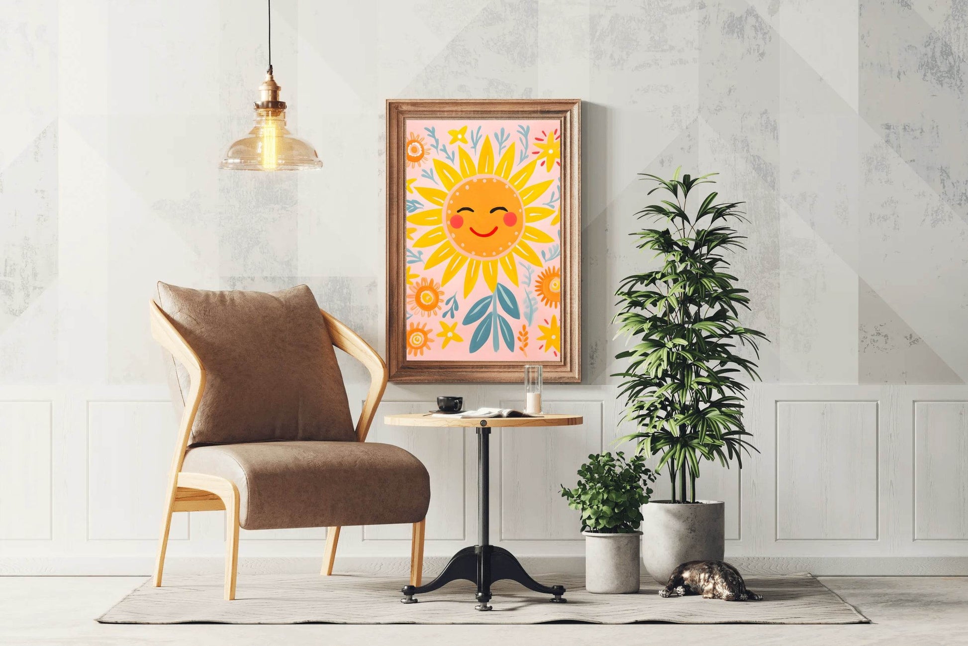 Painting of Smiling Sunflower With Floral Background - beink online art store