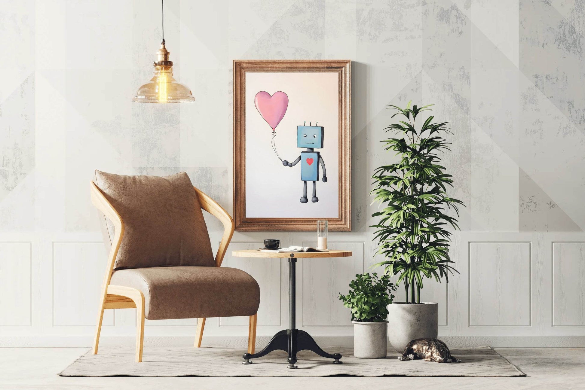 Drawing of Blue Robot Holding Pink Heart - beink online art store