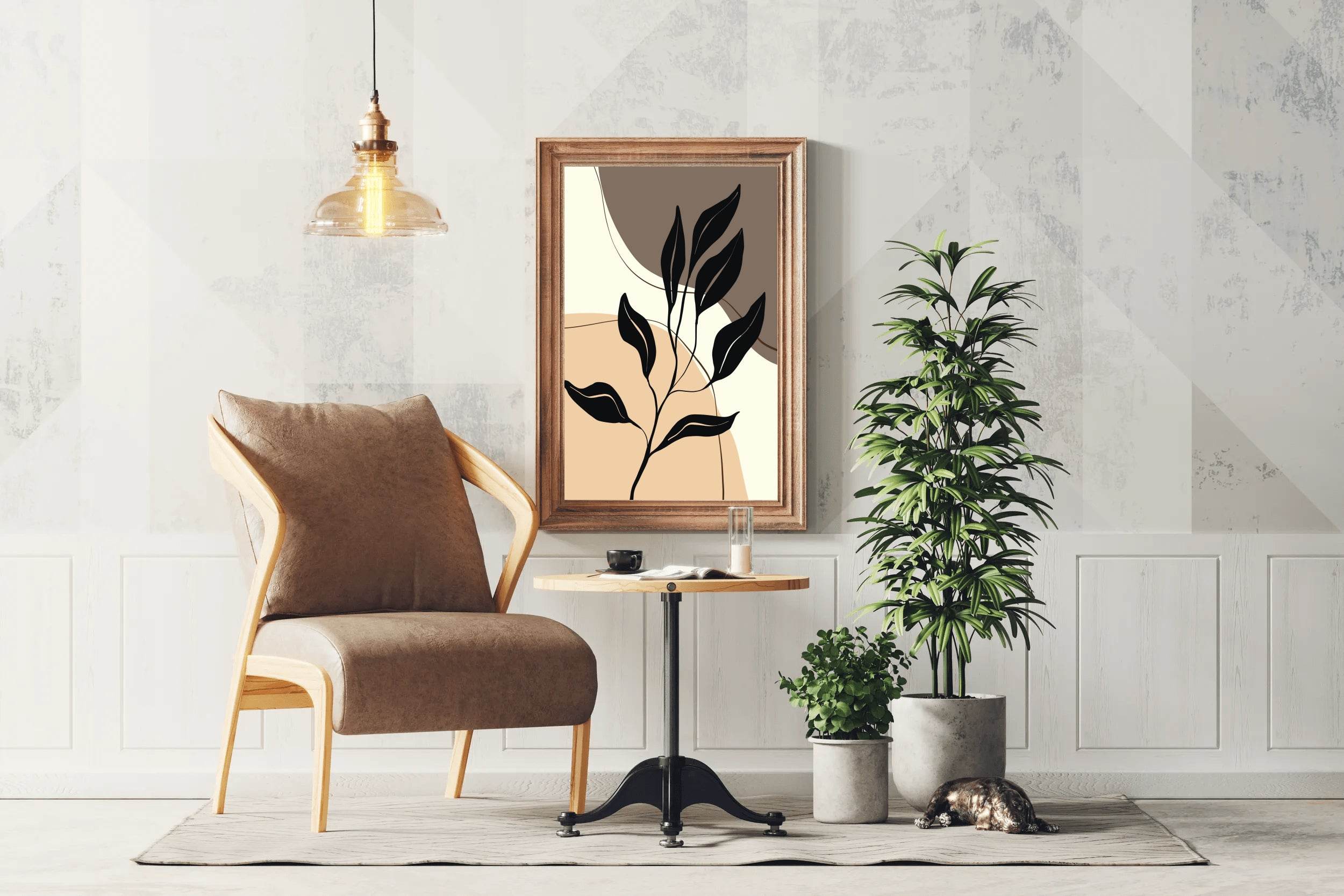 Black Leaves on a Stylized Foliage in Beige tones ArtWork - beink online art store