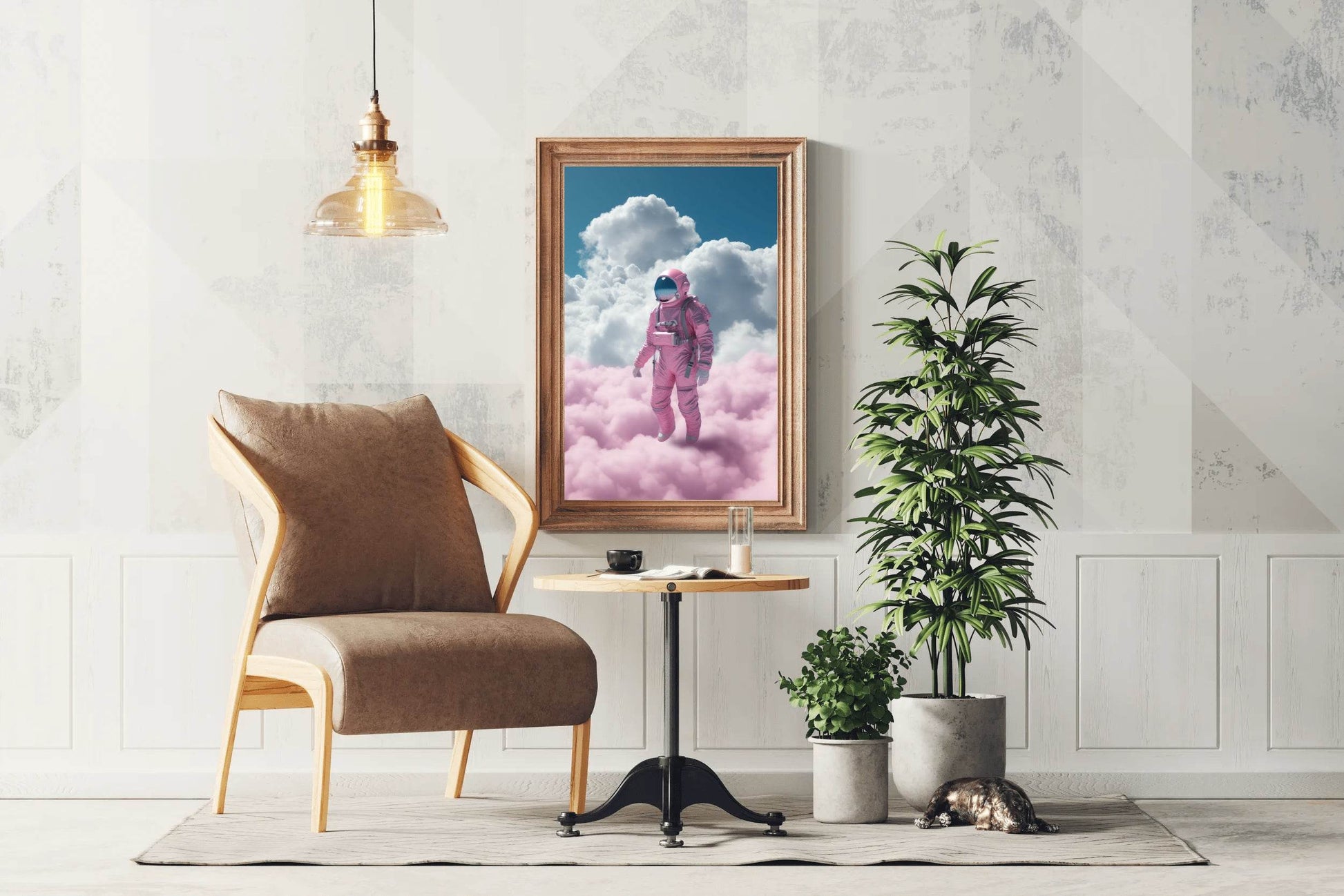 Astronaut in pink suit standing in a cloud Wall Art - beink online art store