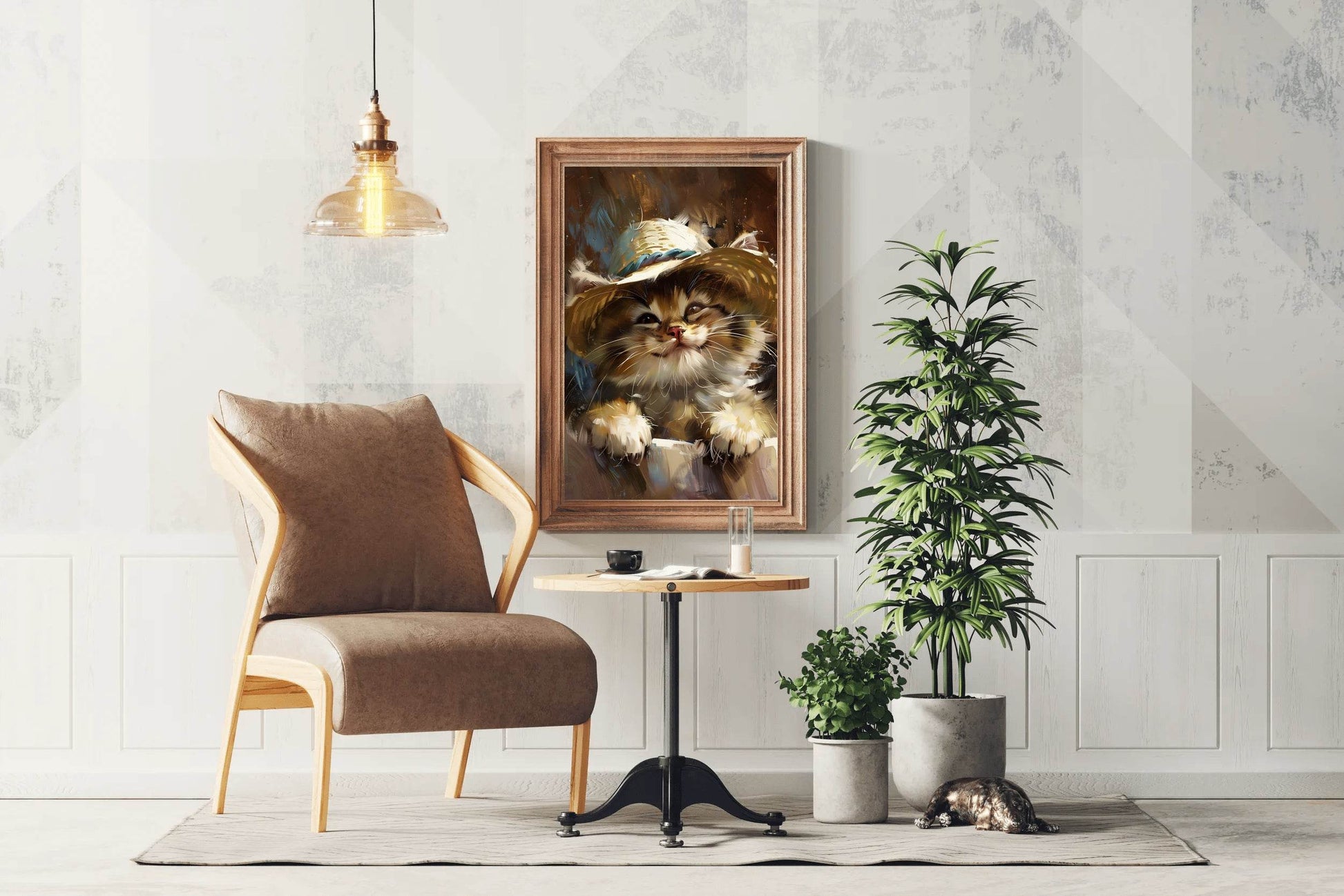 Hand Painted Painting of Smiling Cat Wearing Hat - beink online art store
