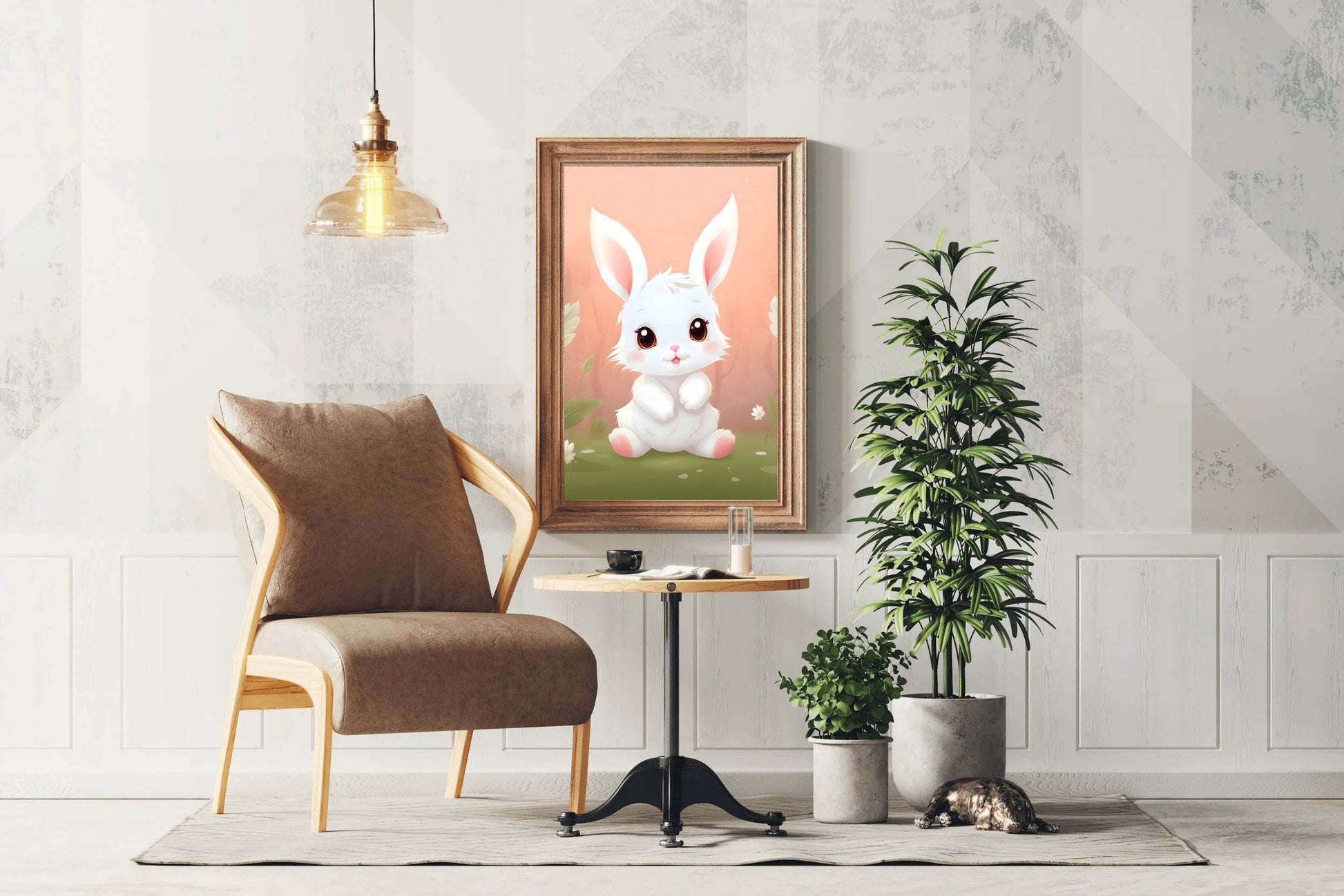 Cute Little White Cartoon Bunny Sitting on the Grass - beink online art store